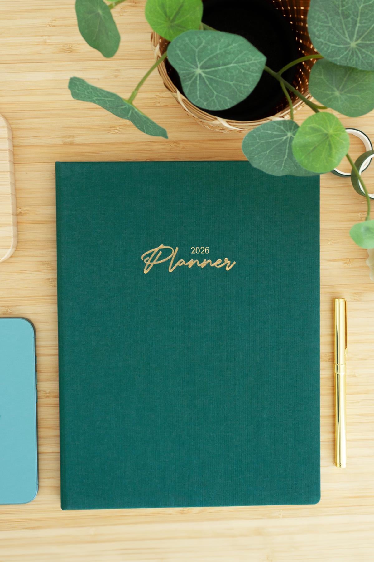 Matt Notebook 2026 Yılı 20x27 cm Keten Haftalık Planlayıcı Ajanda Koyu Yeşil