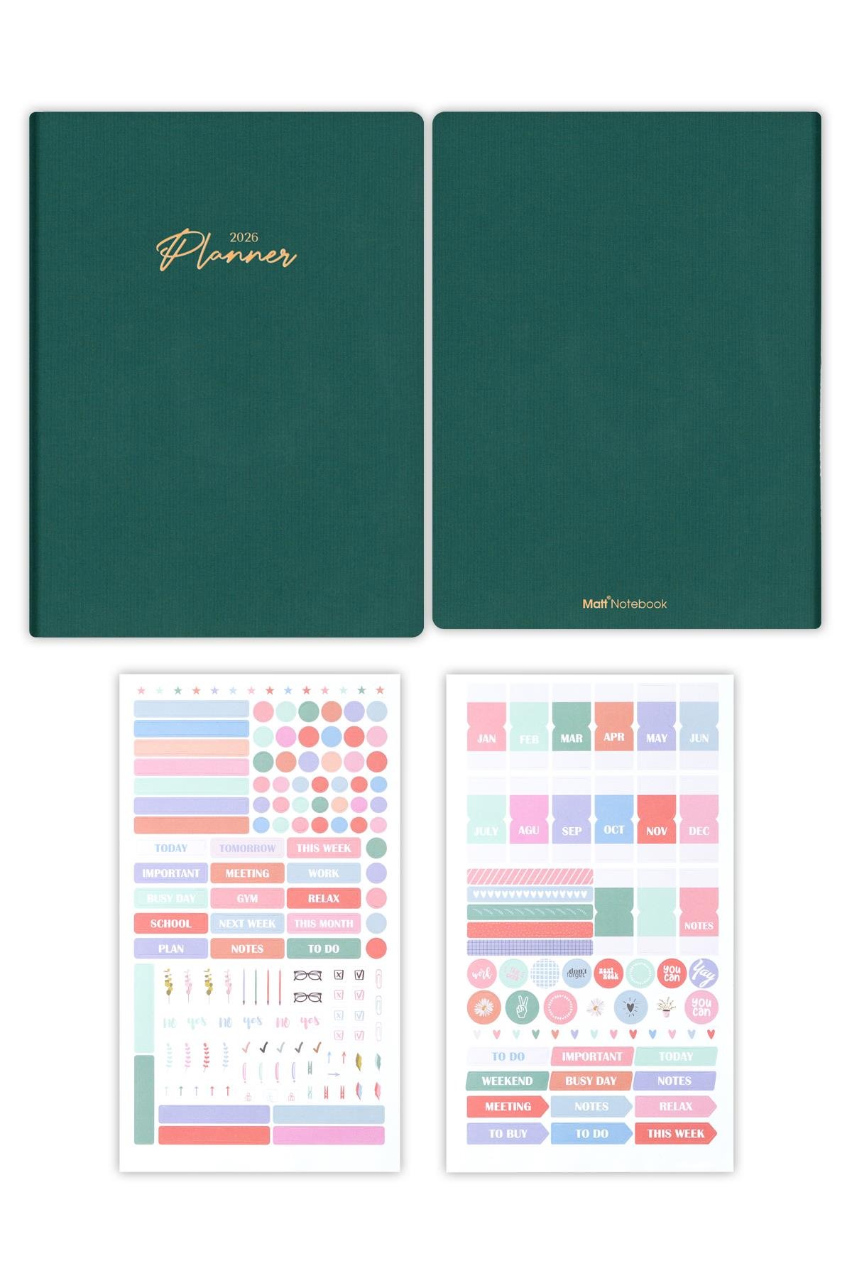 Matt Notebook 2026 Yılı 20x27 cm Keten Haftalık Planlayıcı Ajanda Koyu Yeşil
