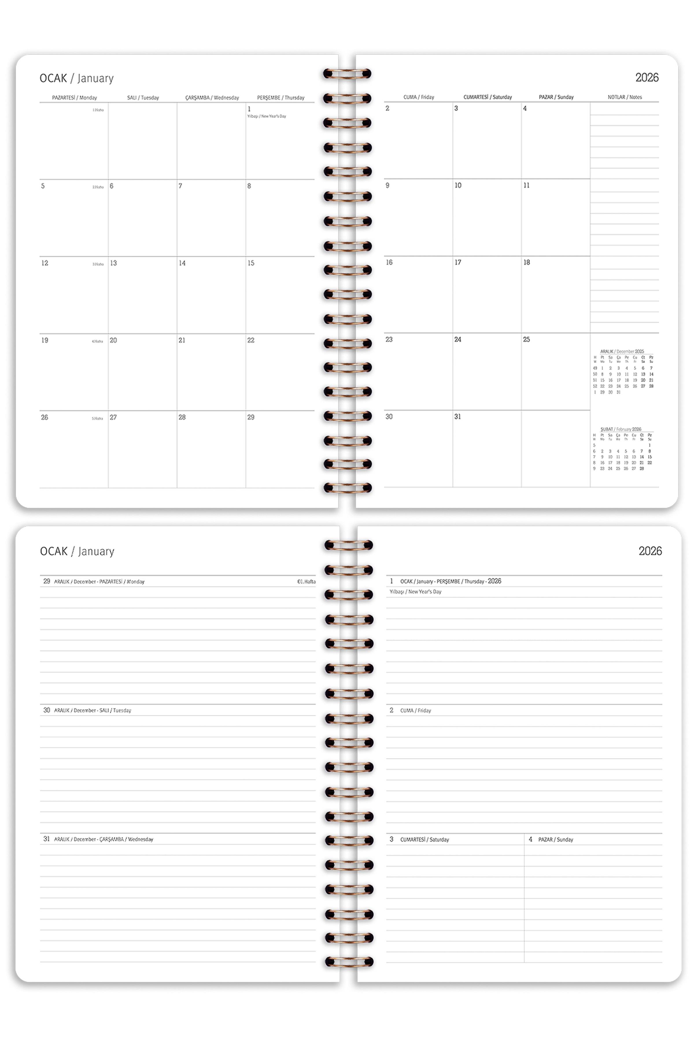 Matt Notebook 2026 Yılı B5 Haftalık Ajanda Spiralli 17x24 cm - 12 Aylık Fiyonklar