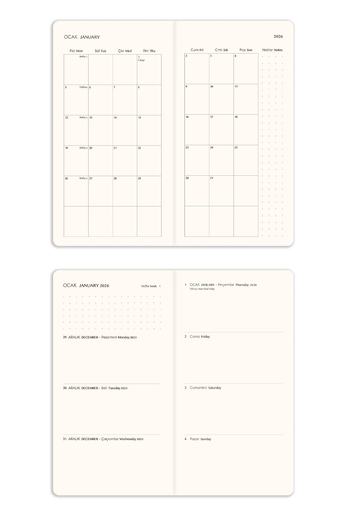 Matt Notebook 2026 Yılı Haftalık Keten Cep Ajandası 12 Aylık Pembe