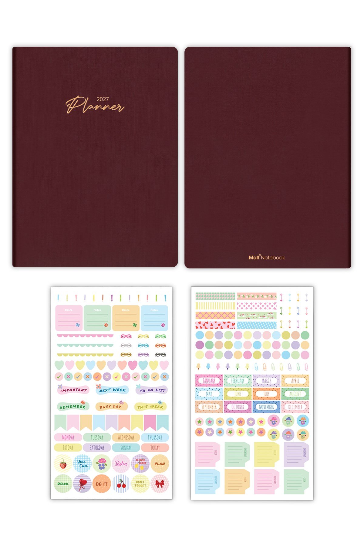 Matt Notebook 2027 Yılı 20x27 cm Keten Haftalık Planlayıcı Ajanda Bordo