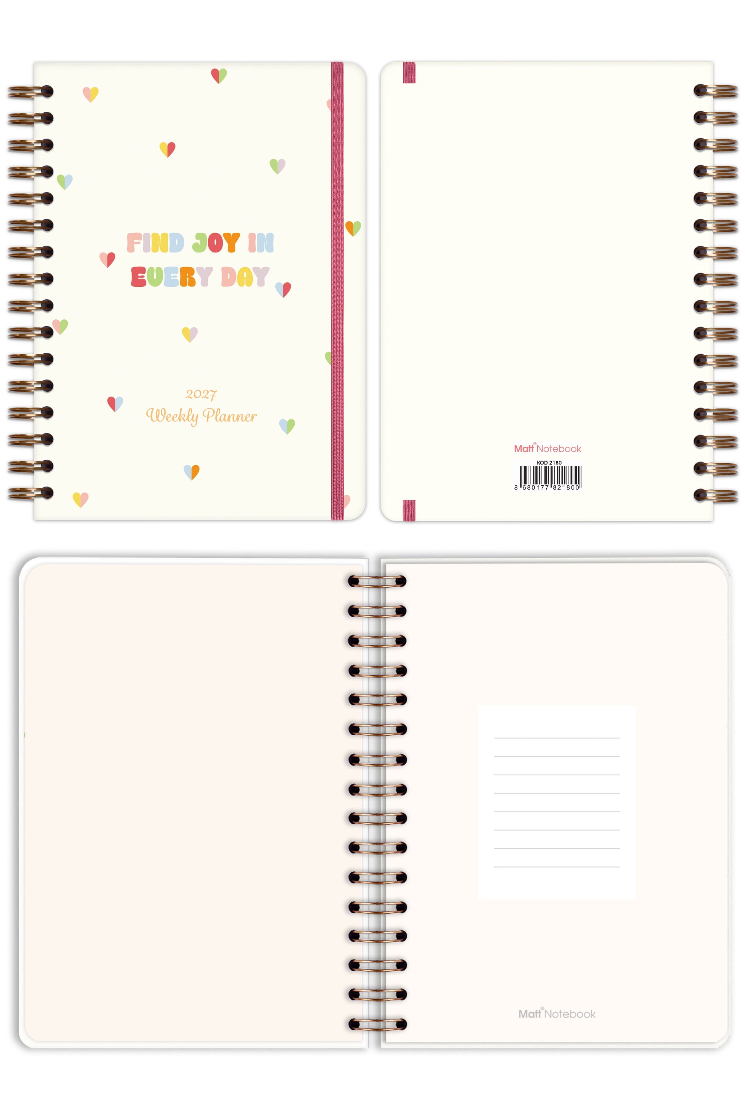 Matt Notebook 2027 Yılı A5 Ajanda Spiralli 15x21 cm - 12 Aylık Kalpler