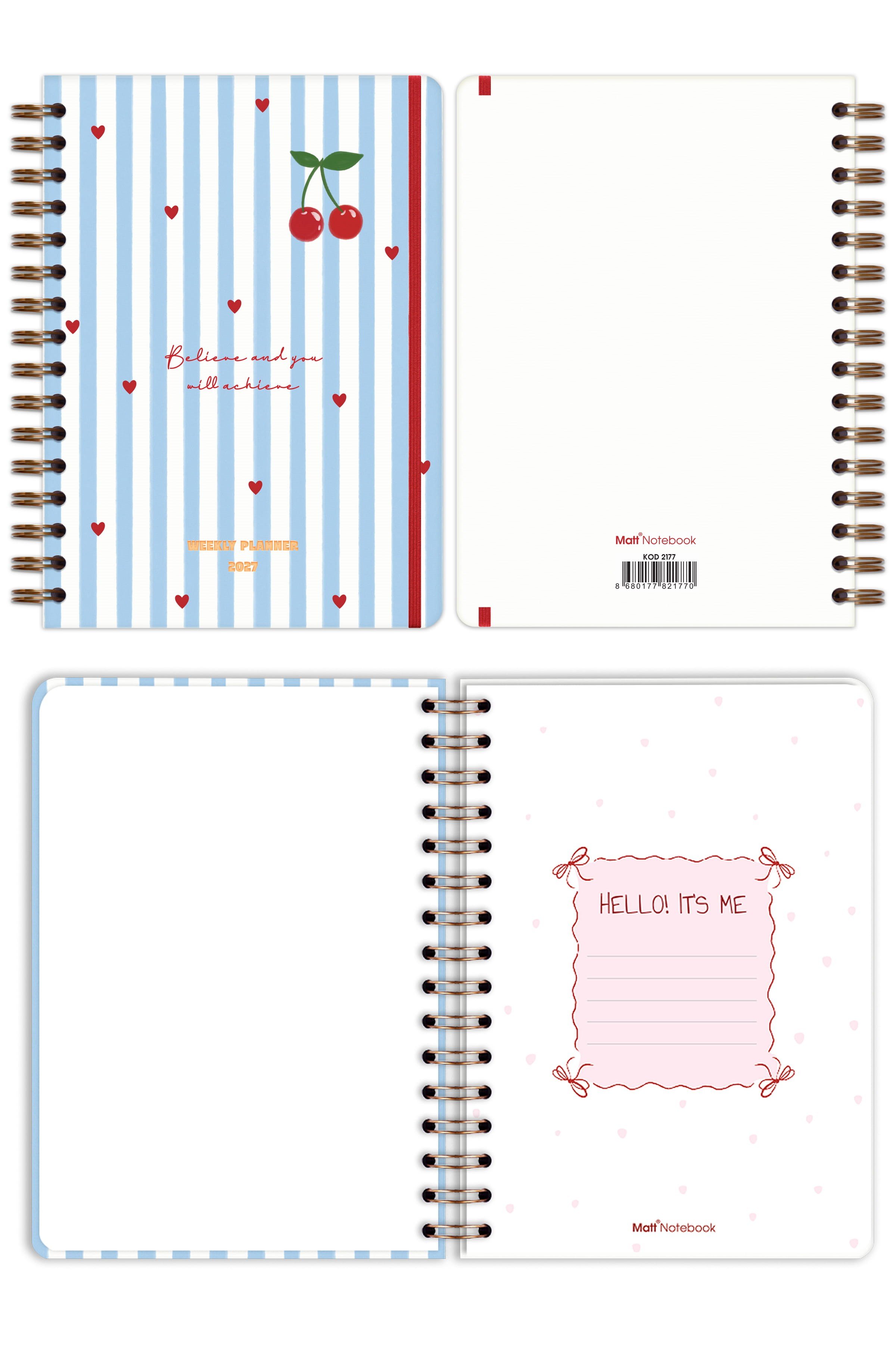 Matt Notebook 2027 Yılı A5 Haftalık Ajanda Spiralli 15x21 cm - 12 Aylık - Motivasyon Sayfalı Kiraz