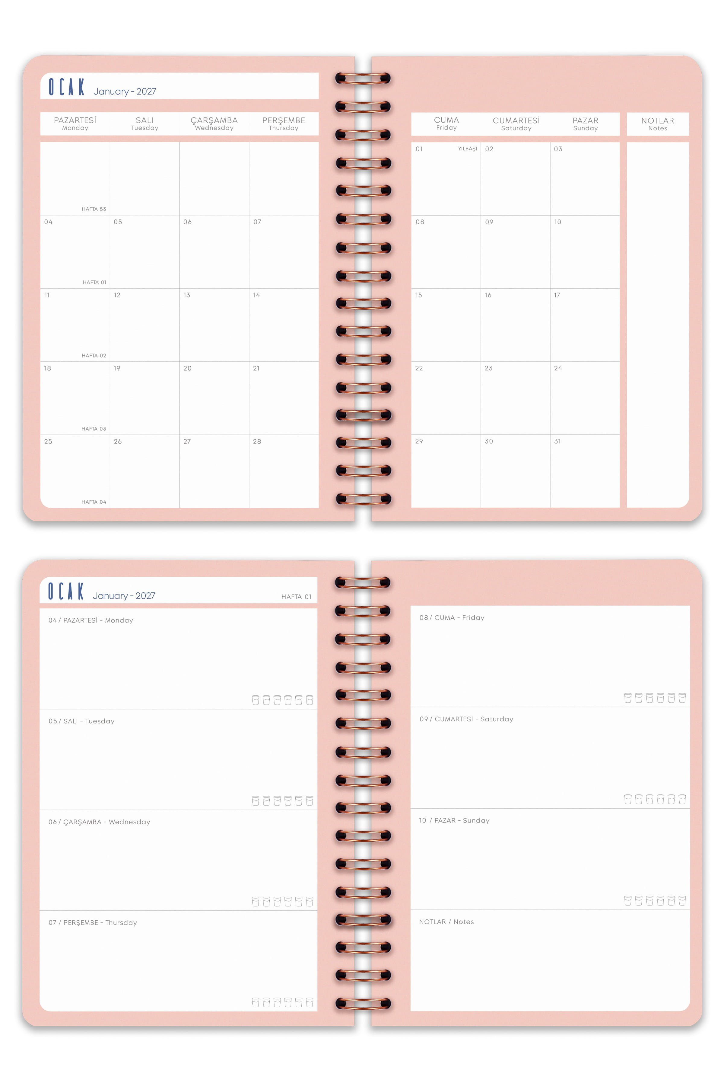 Matt Notebook 2027 Yılı A5 Haftalık Ajanda Spiralli 15x21 cm - 12 Aylık - Motivasyon Sayfalı Kiraz