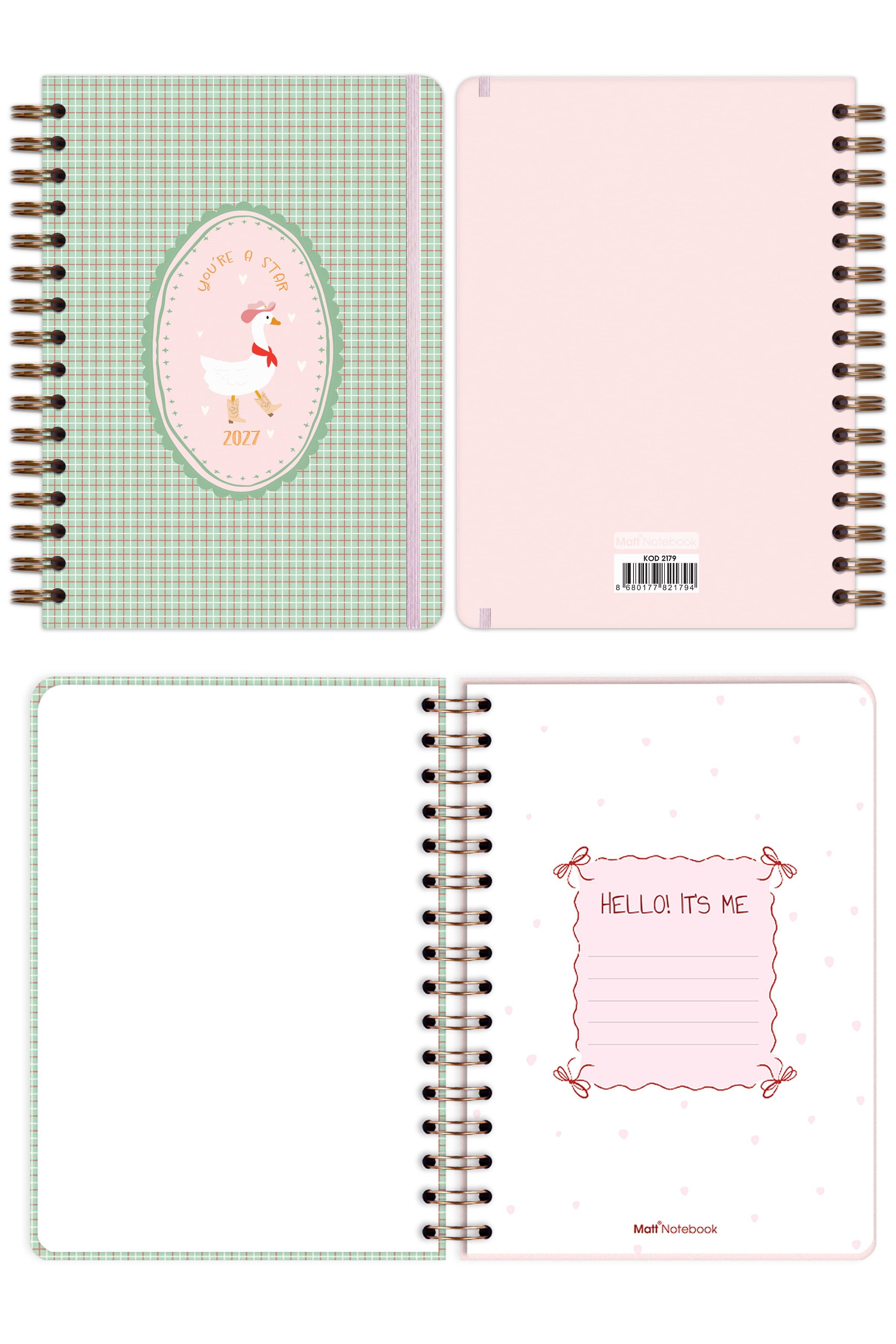 Matt Notebook 2027 Yılı A5 Haftalık Ajanda Spiralli 15x21 cm - 12 Aylık - Motivasyon Sayfalı Ekose