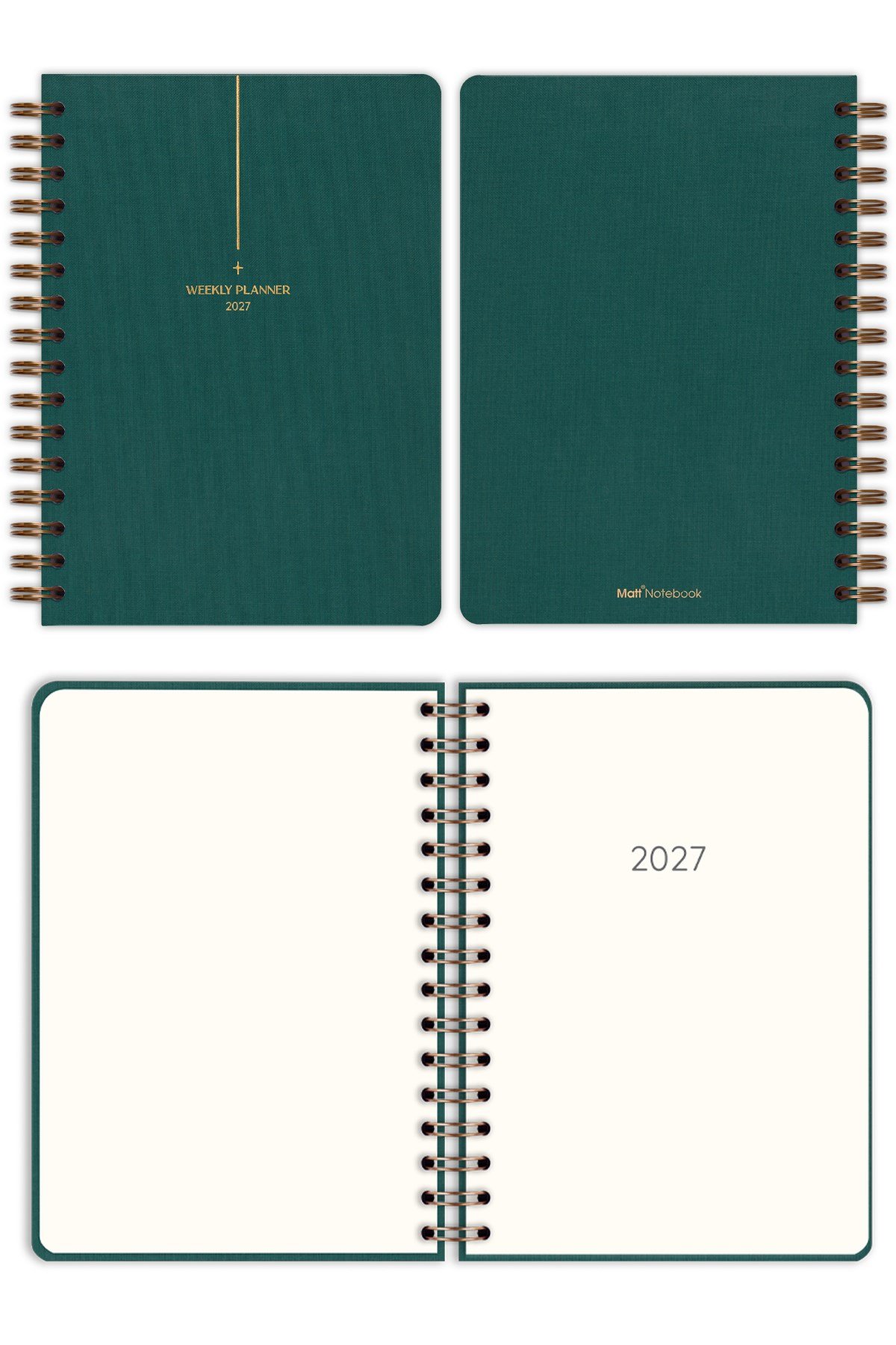 Matt Notebook 2027 Yılı A5 Keten Ajanda Spiralli 15x21 cm - 12 Aylık Koyu Yeşil