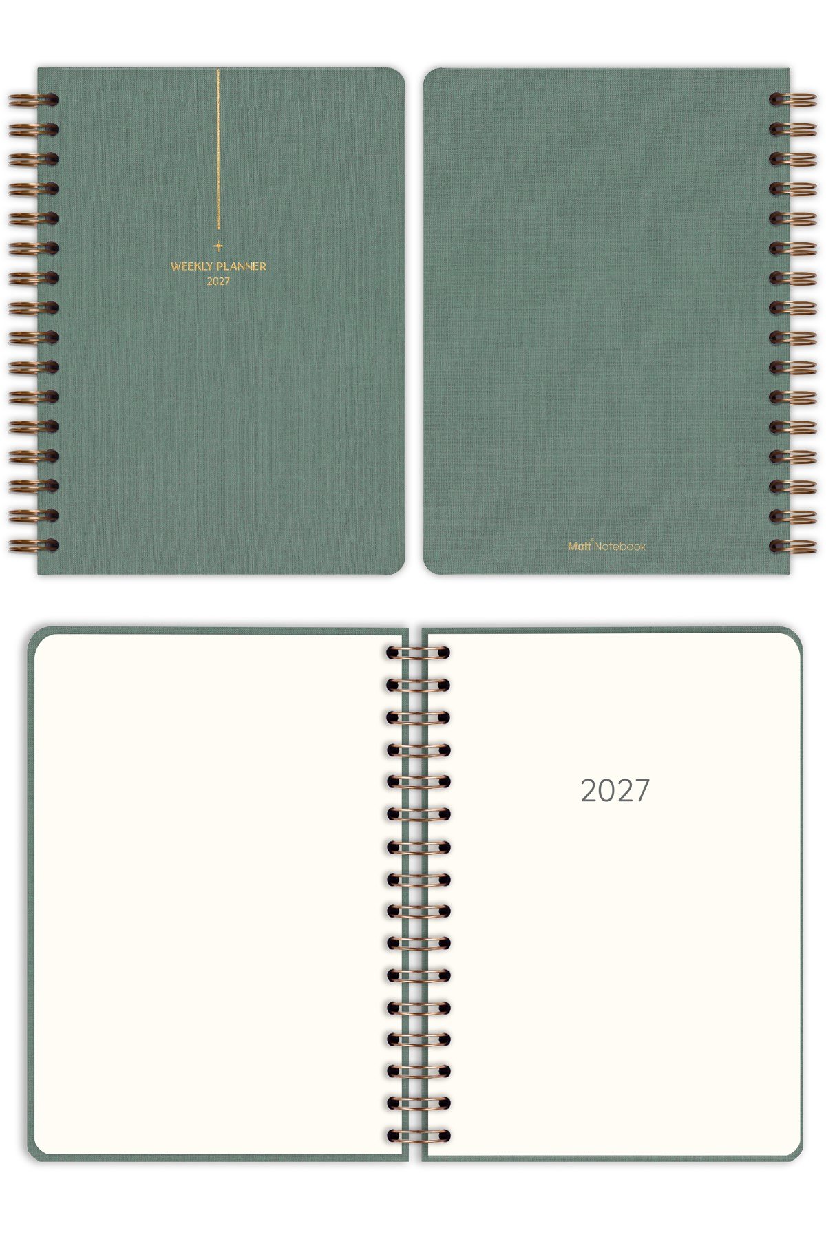 Matt Notebook 2027 Yılı A5 Keten Ajanda Spiralli 15x21 cm - 12 Aylık Yeşil