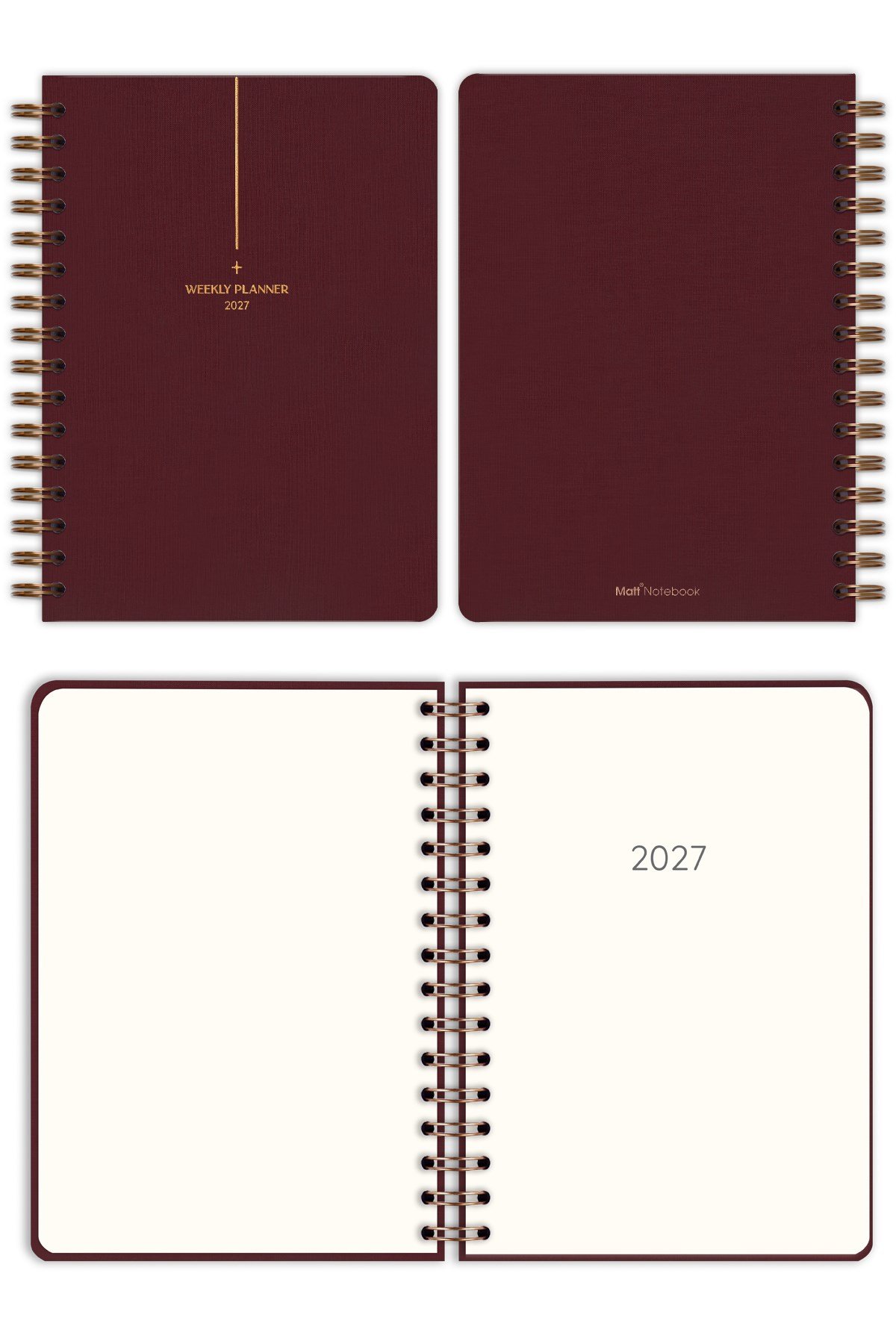 Matt Notebook 2027 Yılı A5 Keten Ajanda Spiralli 15x21 cm - 12 Aylık Bordo