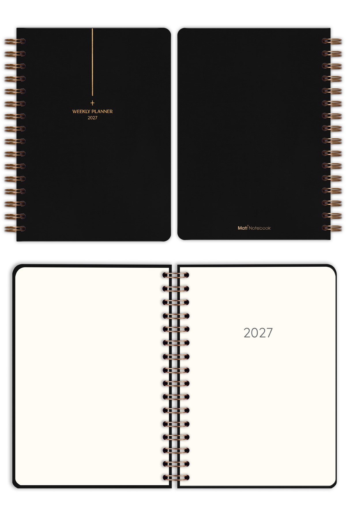 Matt Notebook 2027 Yılı A5 Keten Ajanda Spiralli 15x21 cm - 12 Aylık Siyah