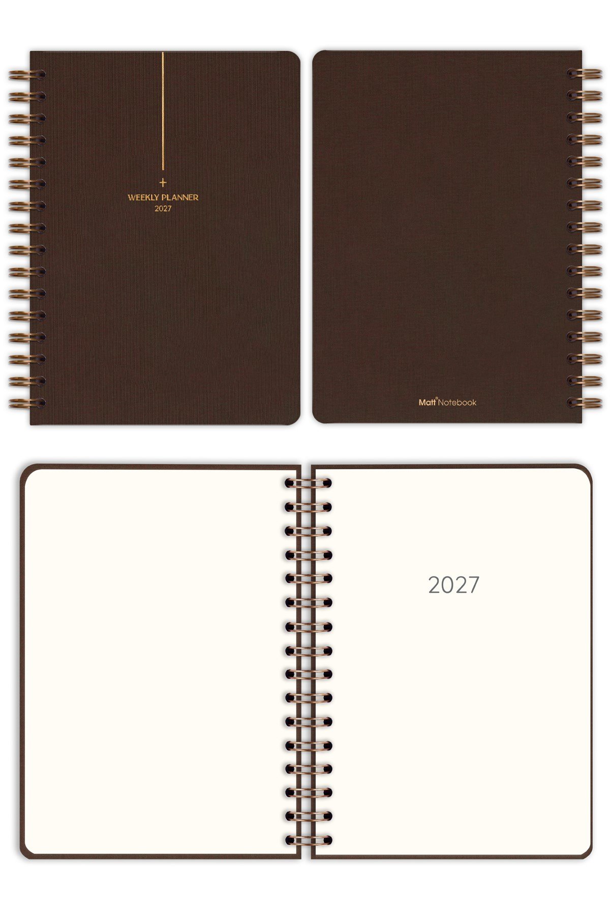 Matt Notebook 2027 Yılı A5 Keten Ajanda Spiralli 15x21 cm - 12 Aylık Kahverengi
