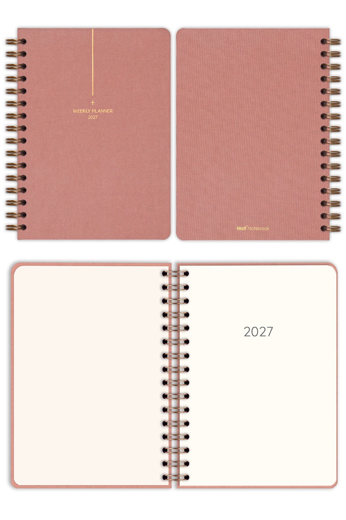 Matt Notebook 2027 Yılı A5 Keten Ajanda Spiralli 15x21 cm - 12 Aylık Pembe