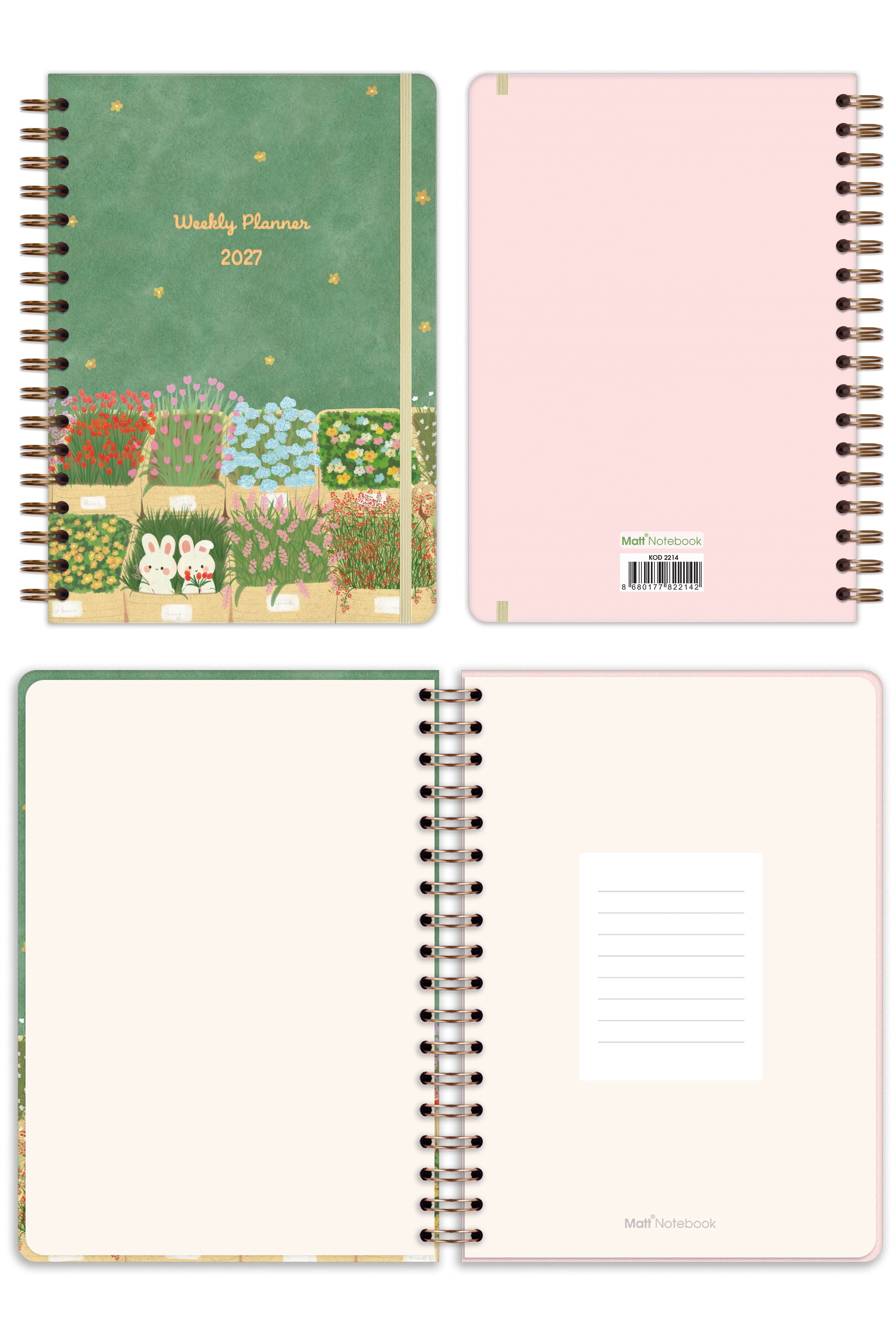 Matt Notebook 2027 Yılı B5 Haftalık Ajanda Spiralli 17x24 cm - 12 Aylık Çiçekler