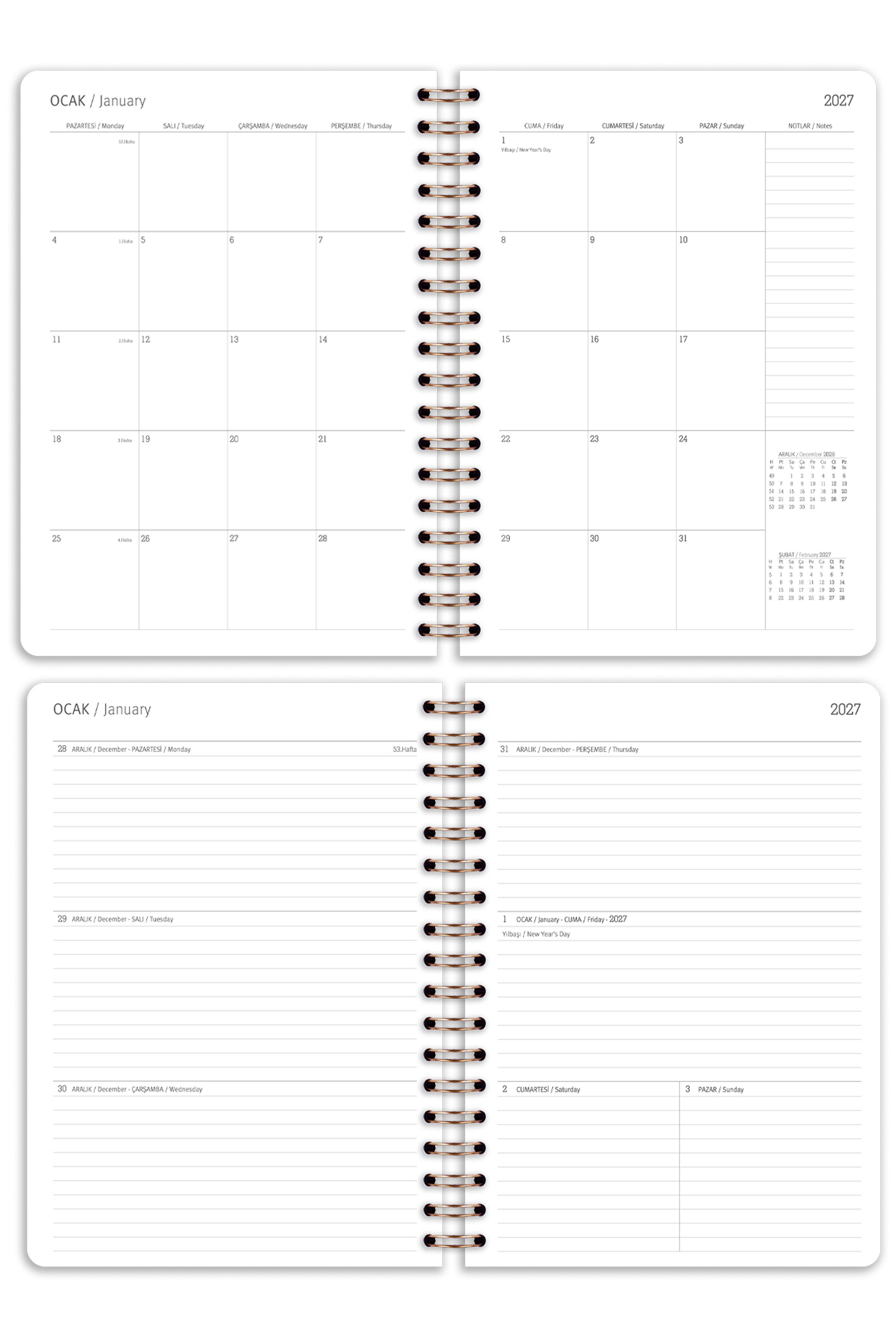 Matt Notebook 2027 Yılı B5 Haftalık Ajanda Spiralli 17x24 cm - 12 Aylık Fiyonk