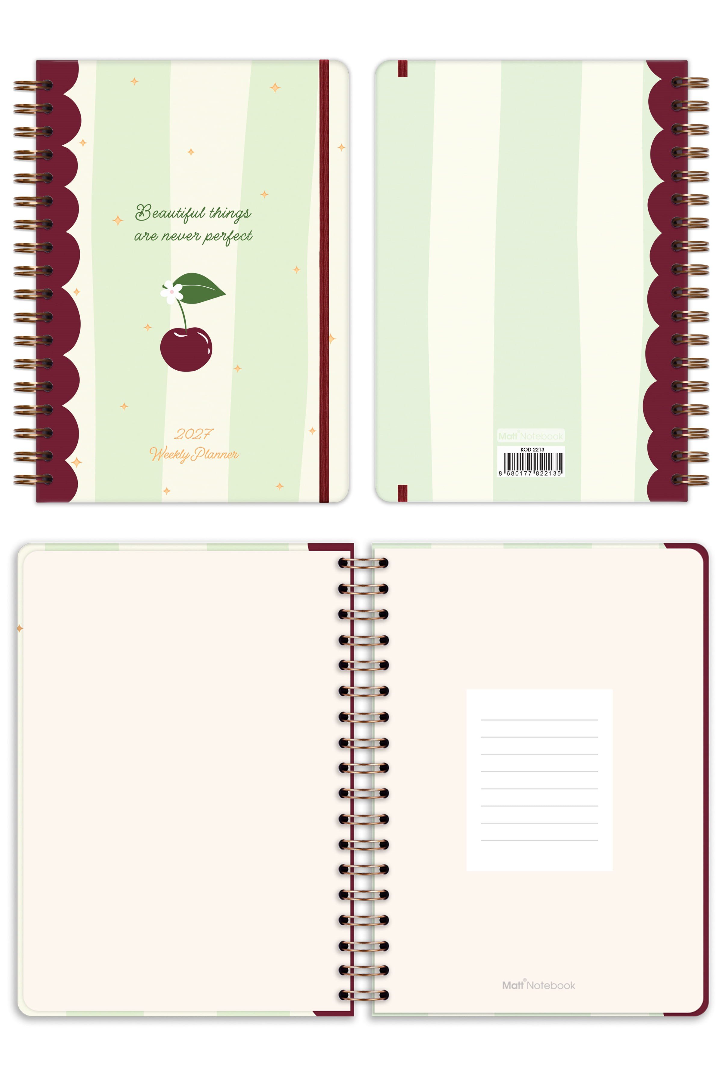 Matt Notebook 2027 Yılı B5 Haftalık Ajanda Spiralli 17x24 cm - 12 Aylık Kiraz