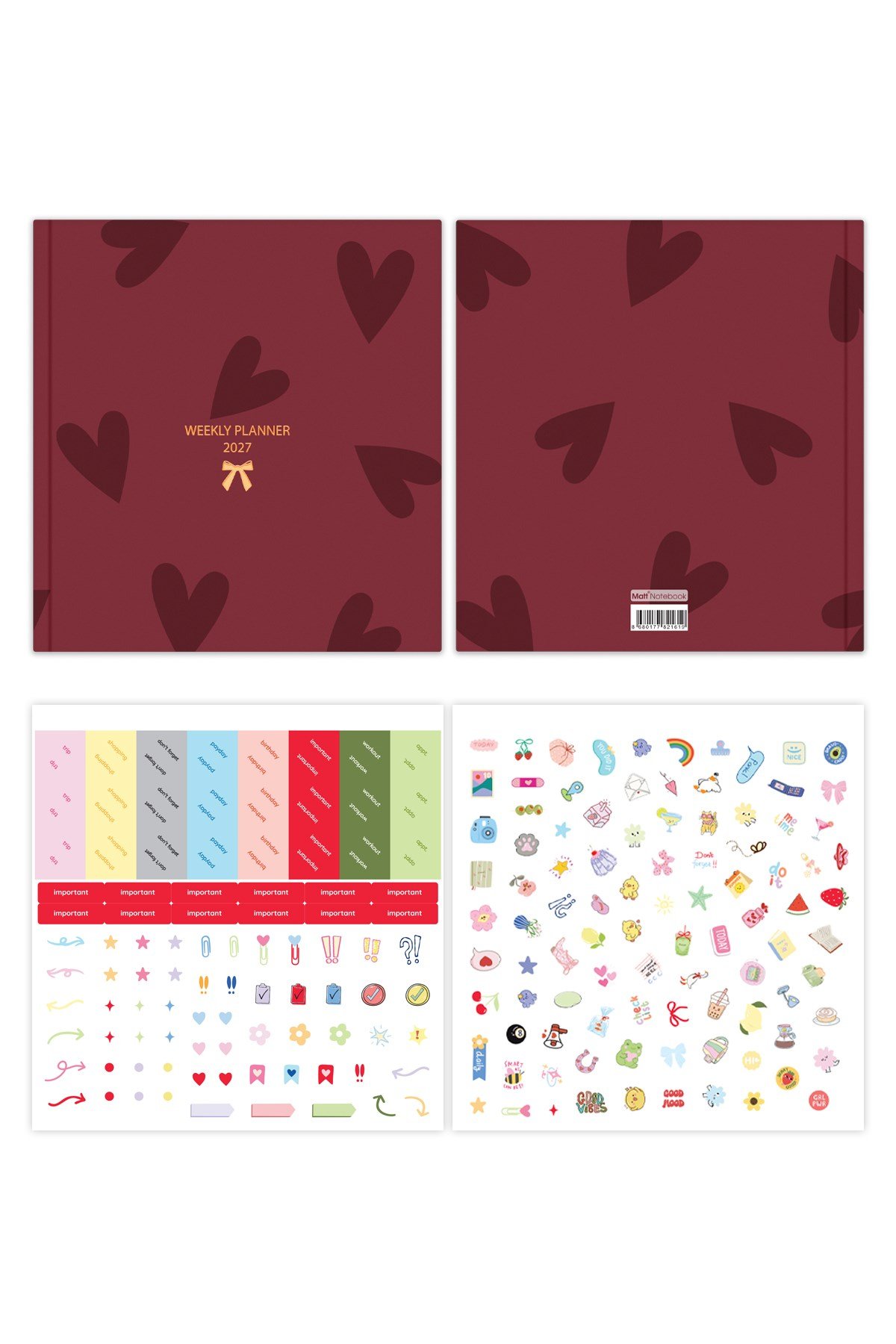 Matt Notebook 2027 Yılı Kare Haftalık Ajanda 15x15 cm Kalpler