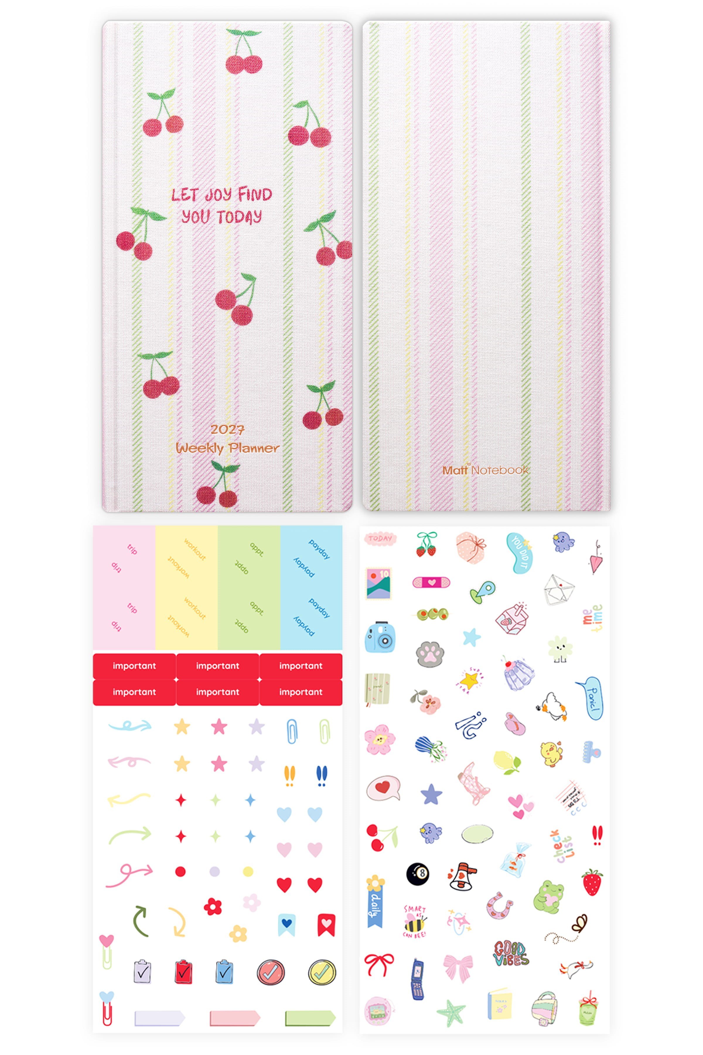 Matt Notebook 2027 Yılı Keten Haftalık Planlayıcı Kareli Cep Ajandası 9x18 cm Kiraz