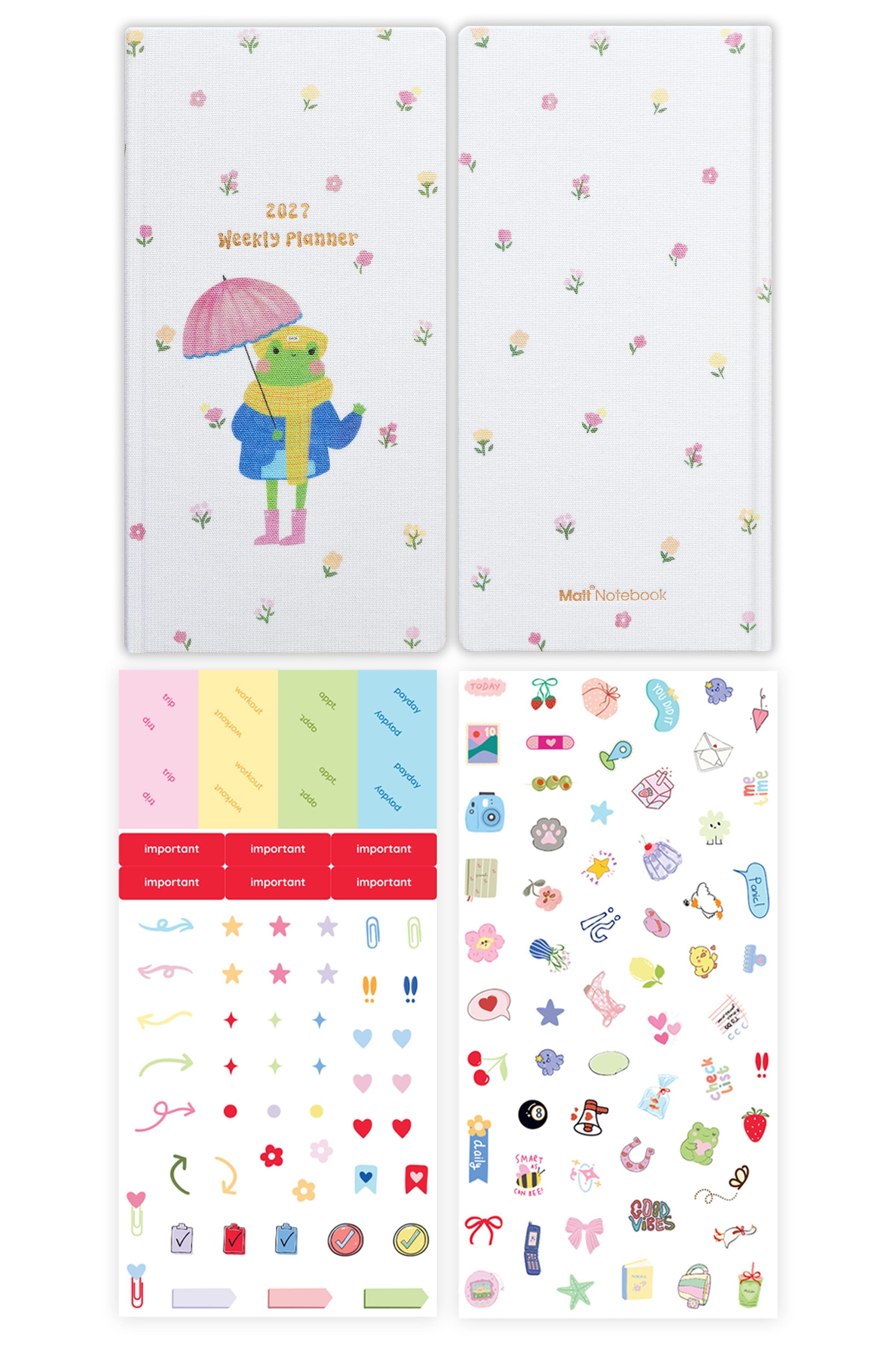 Matt Notebook 2027 Yılı Keten Haftalık Planlayıcı Kareli Cep Ajandası 9x18 cm Kurbağa
