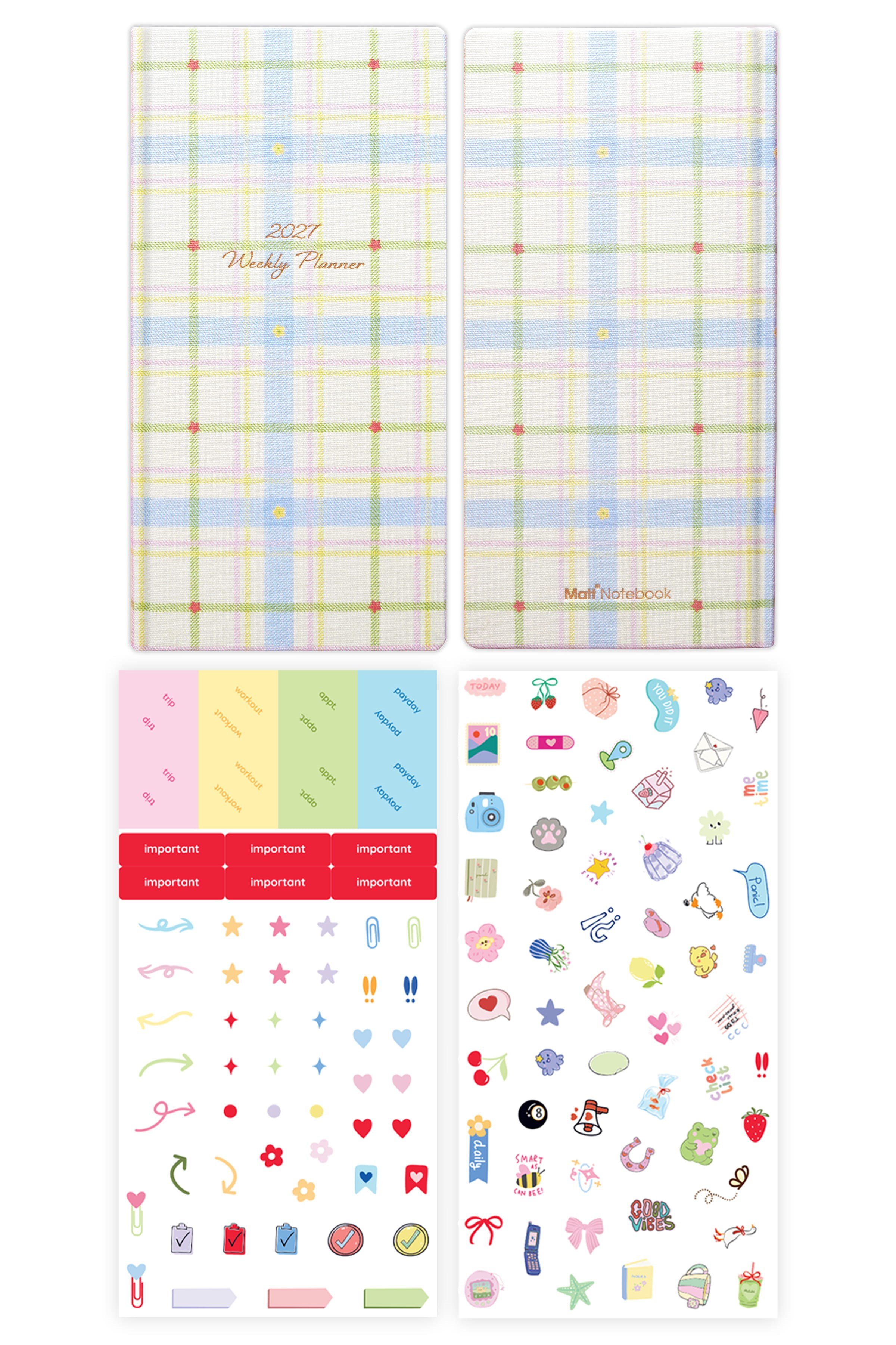 Matt Notebook 2027 Yılı Keten Haftalık Planlayıcı Kareli Cep Ajandası 9x18 cm Ekose