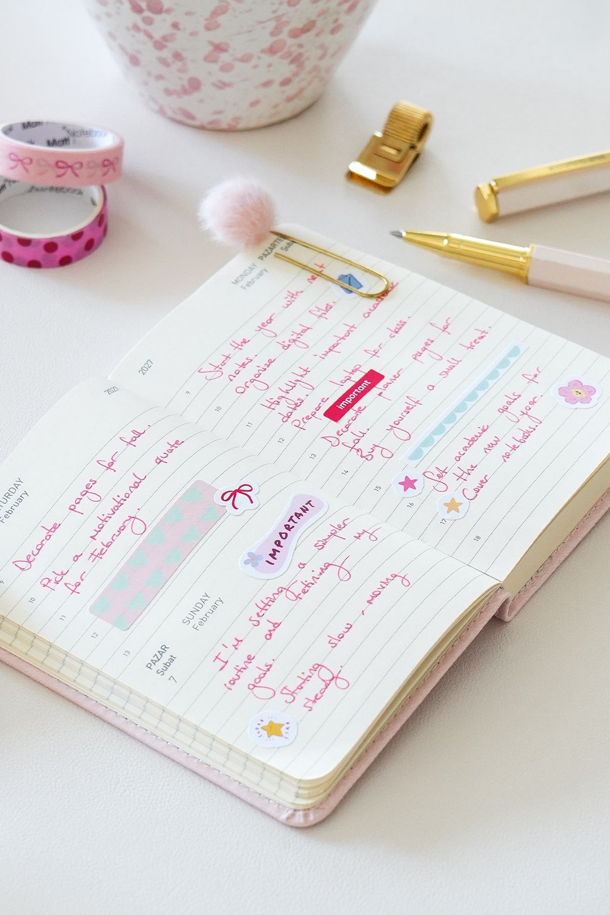 Matt Notebook 2027 Yılı Lastikli Günlük Cep Ajandası 12 Aylık Pembe