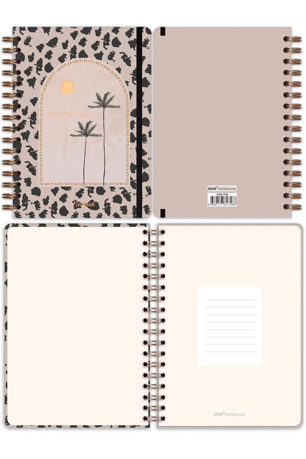 Matt Notebook A5 15x21 cm Spiralli Lastikli Kareli Tarihsiz Not Defteri Palmiyeler
