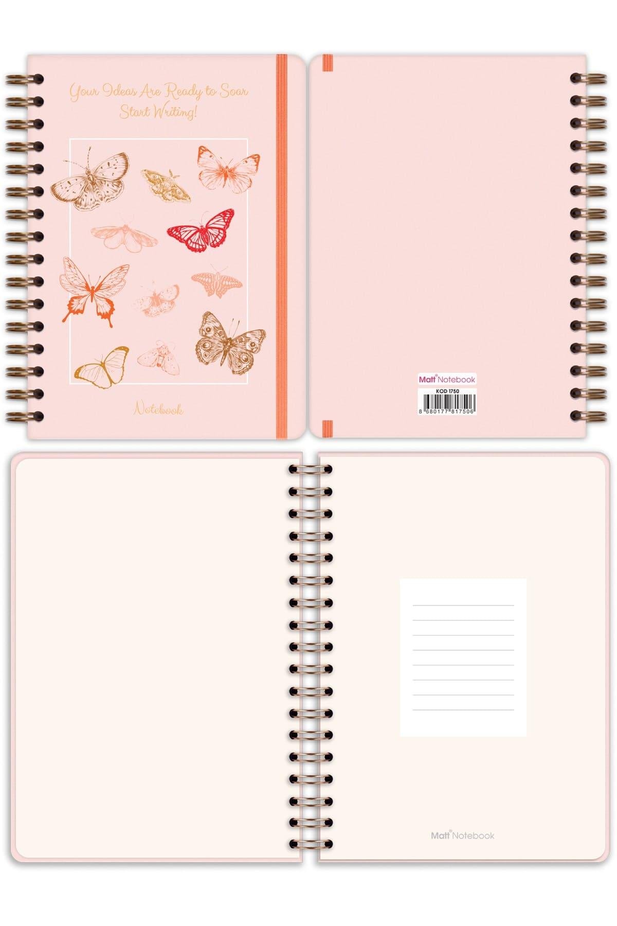 Matt Notebook A5 15x21 cm Spiralli Lastikli Düz, Çizgisiz Tarihsiz Not Defteri Kelebekler