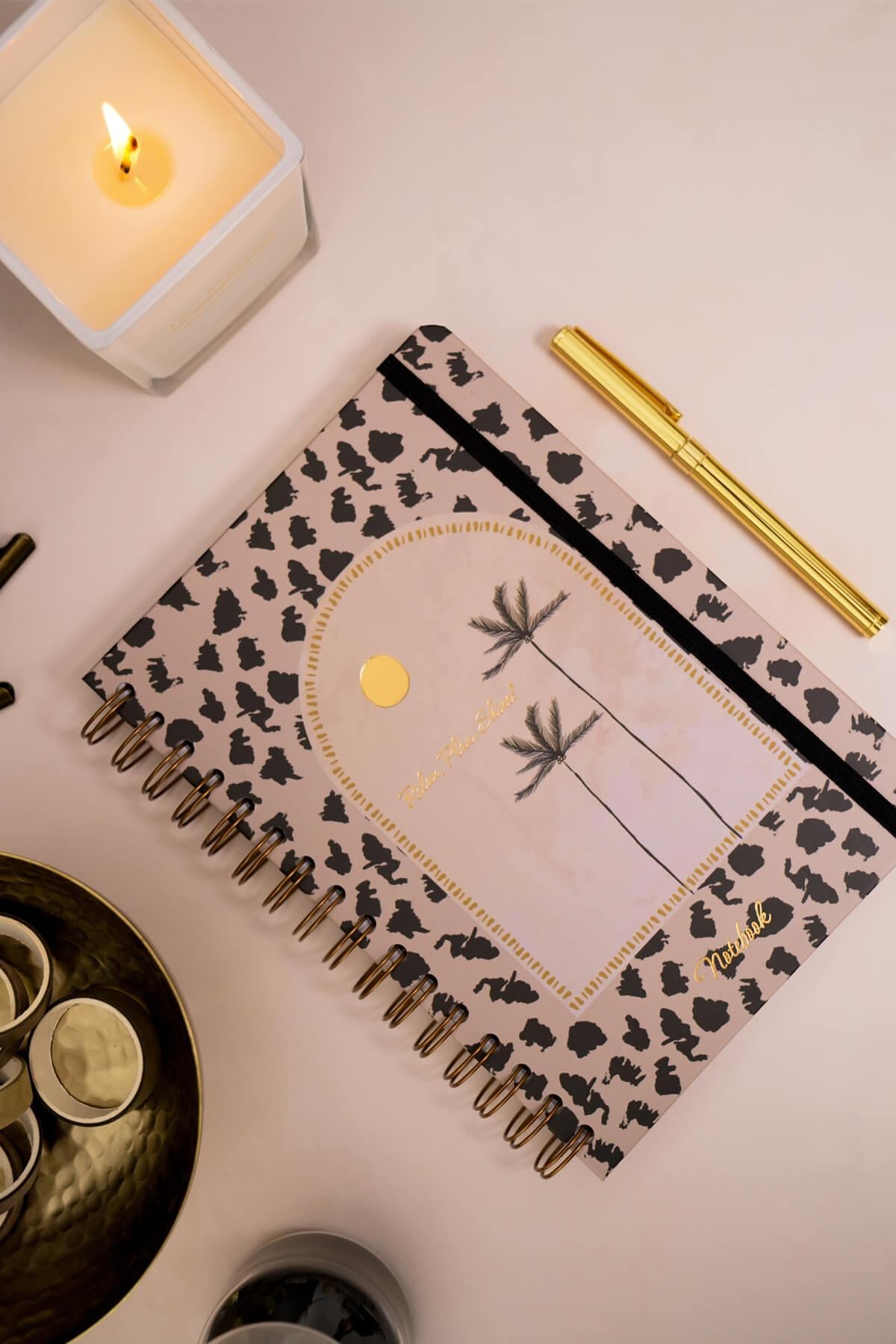 Matt Notebook A5 15x21 cm Spiralli Lastikli Kareli Tarihsiz Not Defteri Palmiyeler