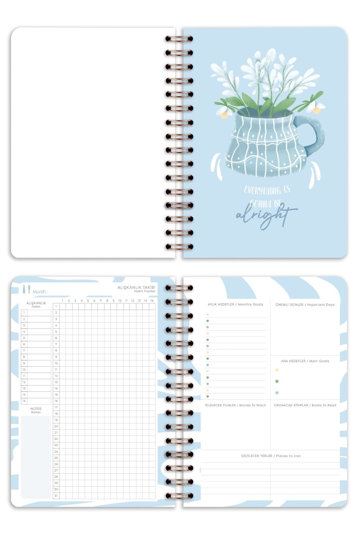 Matt Notebook A5 Spiralli Süresiz Planlayıcı Ajanda Motivasyon Sayfalı Mavi Papatya
