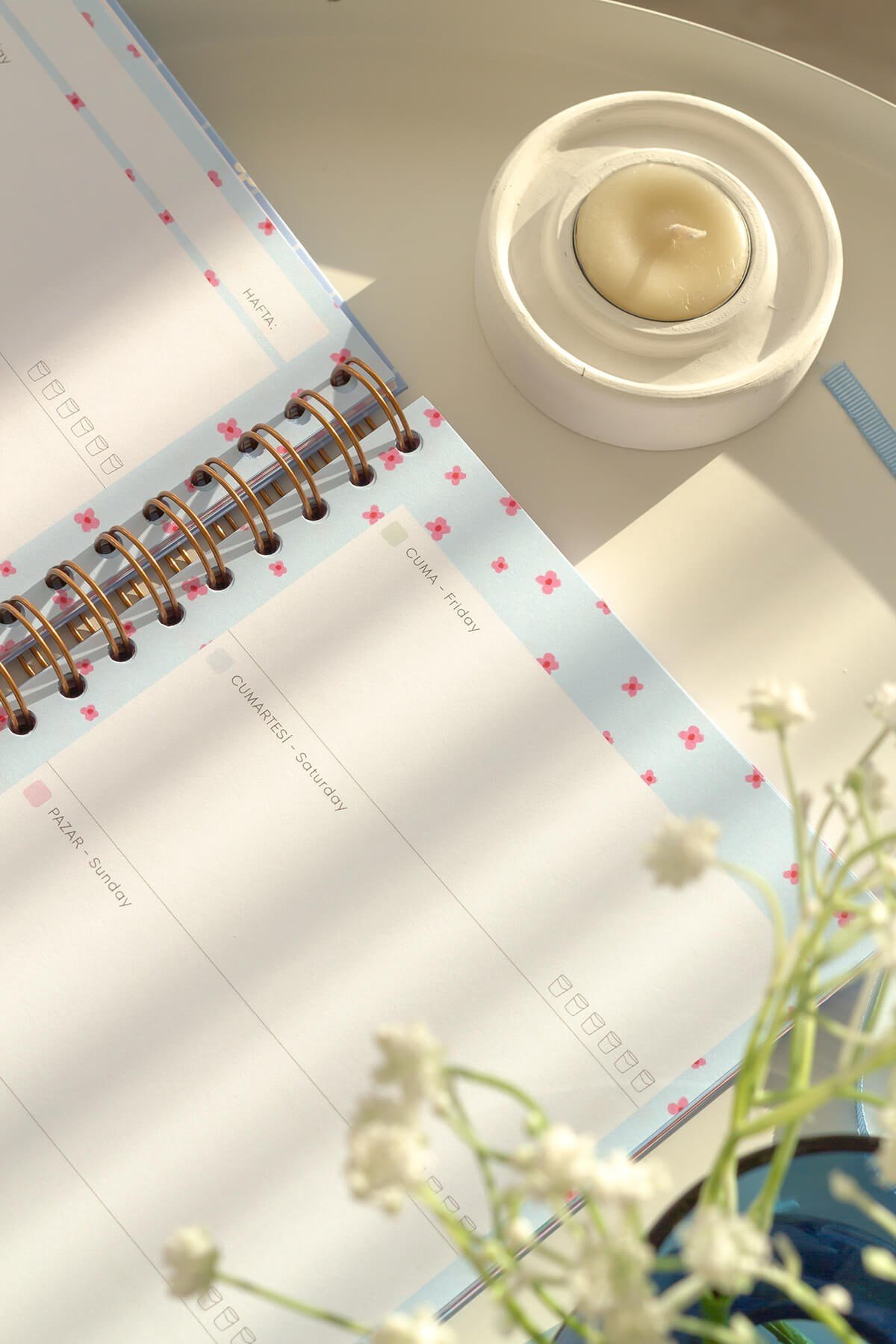 Matt Notebook A5 Spiralli Süresiz Planlayıcı Ajanda Motivasyon Sayfalı Mavi Papatya