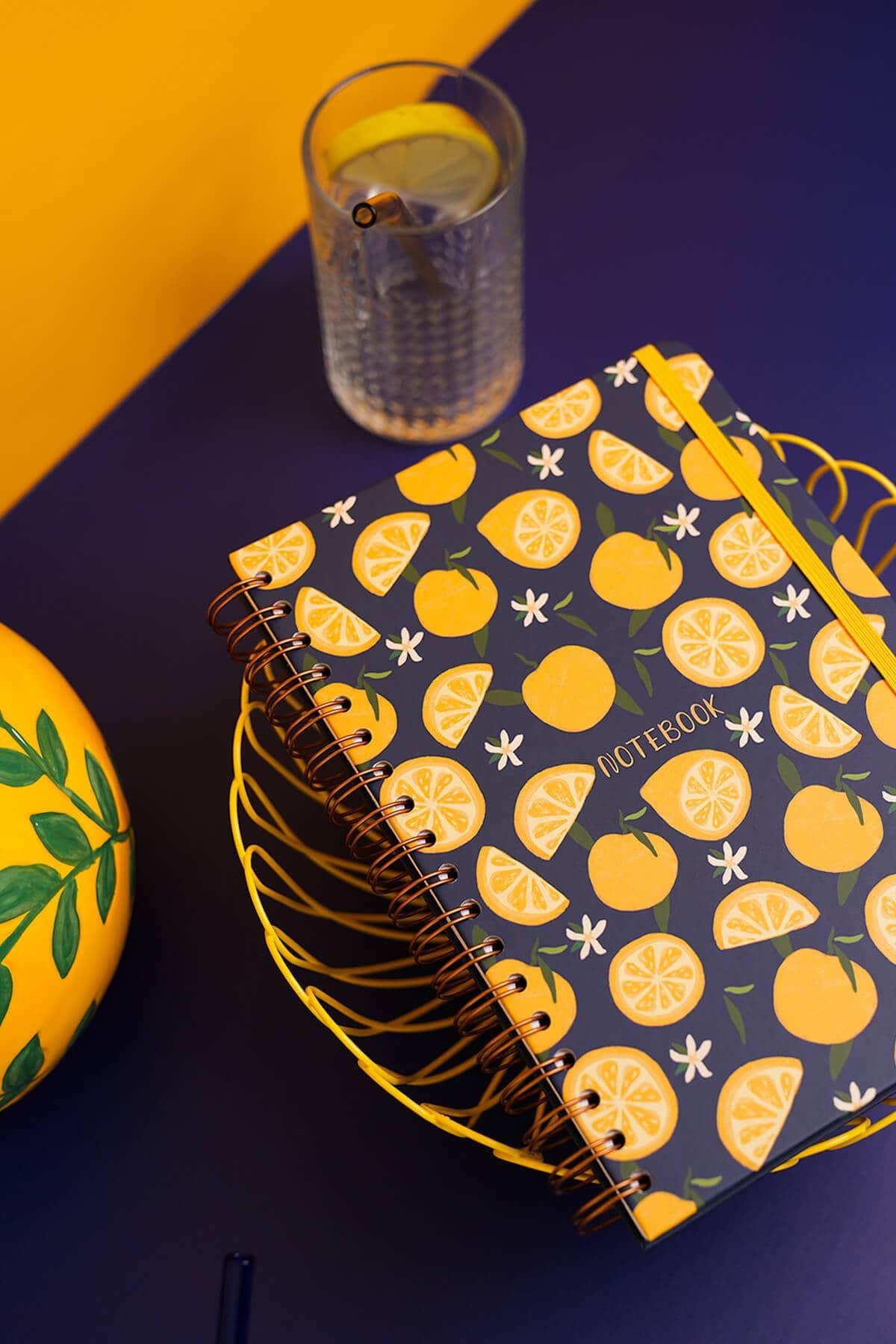 Matt Notebook B5 17x24 cm Spiralli Lastikli Kareli Tarihsiz Not Defteri Limon