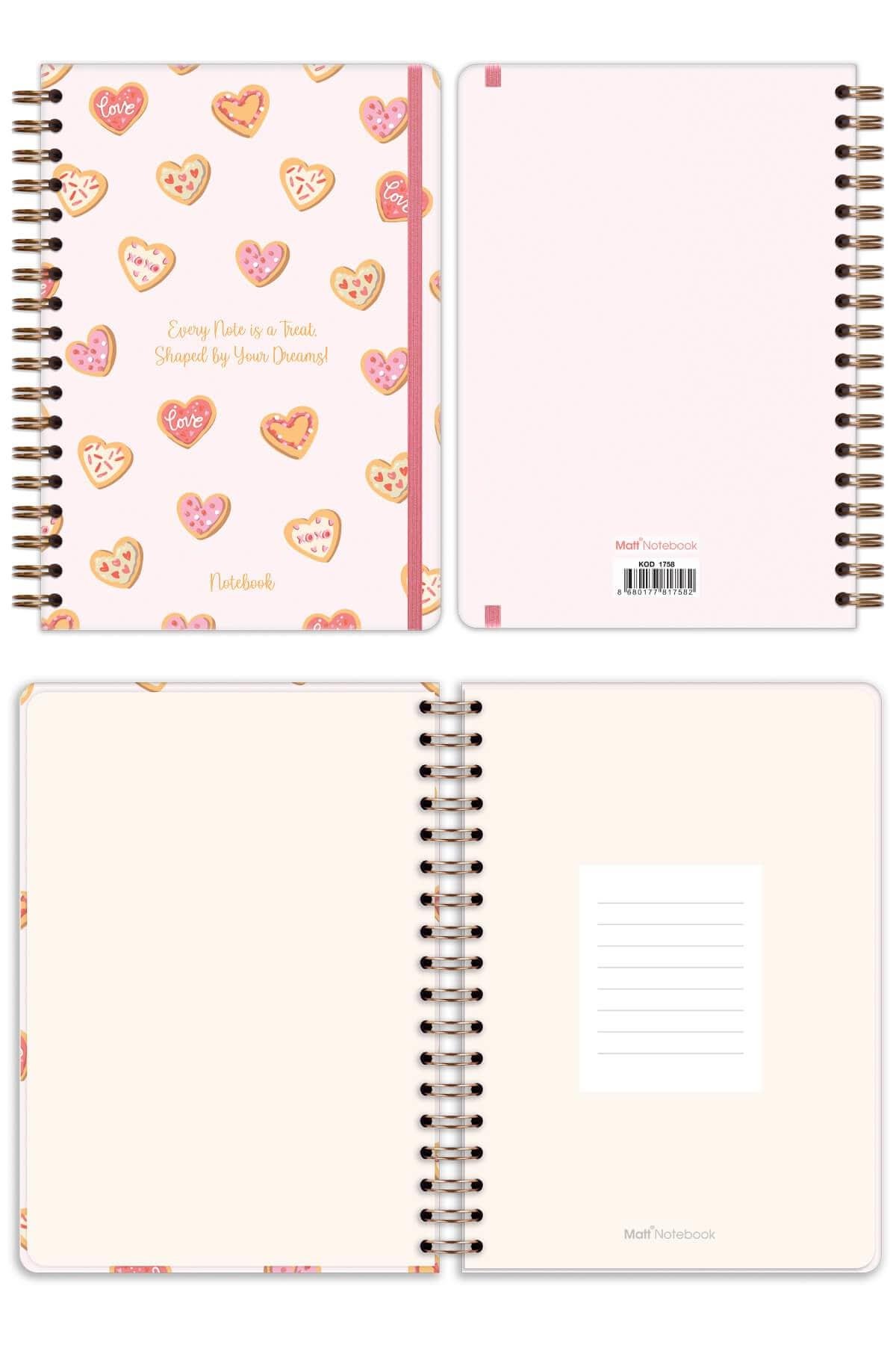 Matt Notebook B5 17x24 cm Spiralli Lastikli Kareli Tarihsiz Not Defteri Kalp Kurabiyeler