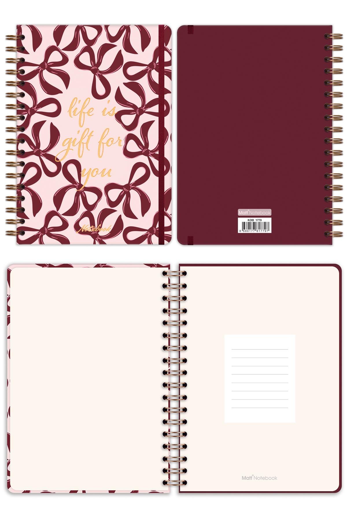 Matt Notebook B5 17x24 cm Spiralli Lastikli Düz, Çizgisiz Tarihsiz Not Defteri Fiyonklar