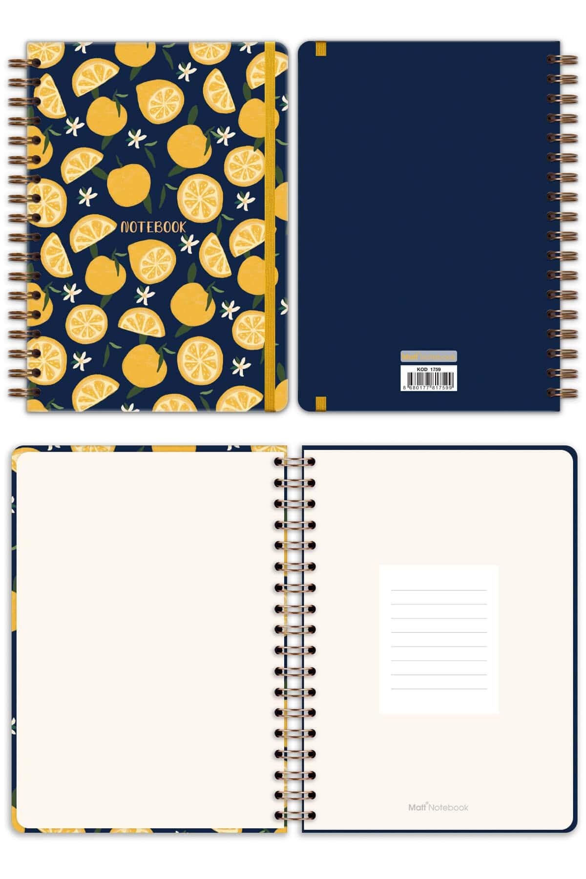 Matt Notebook B5 17x24 cm Spiralli Lastikli Kareli Tarihsiz Not Defteri Limon