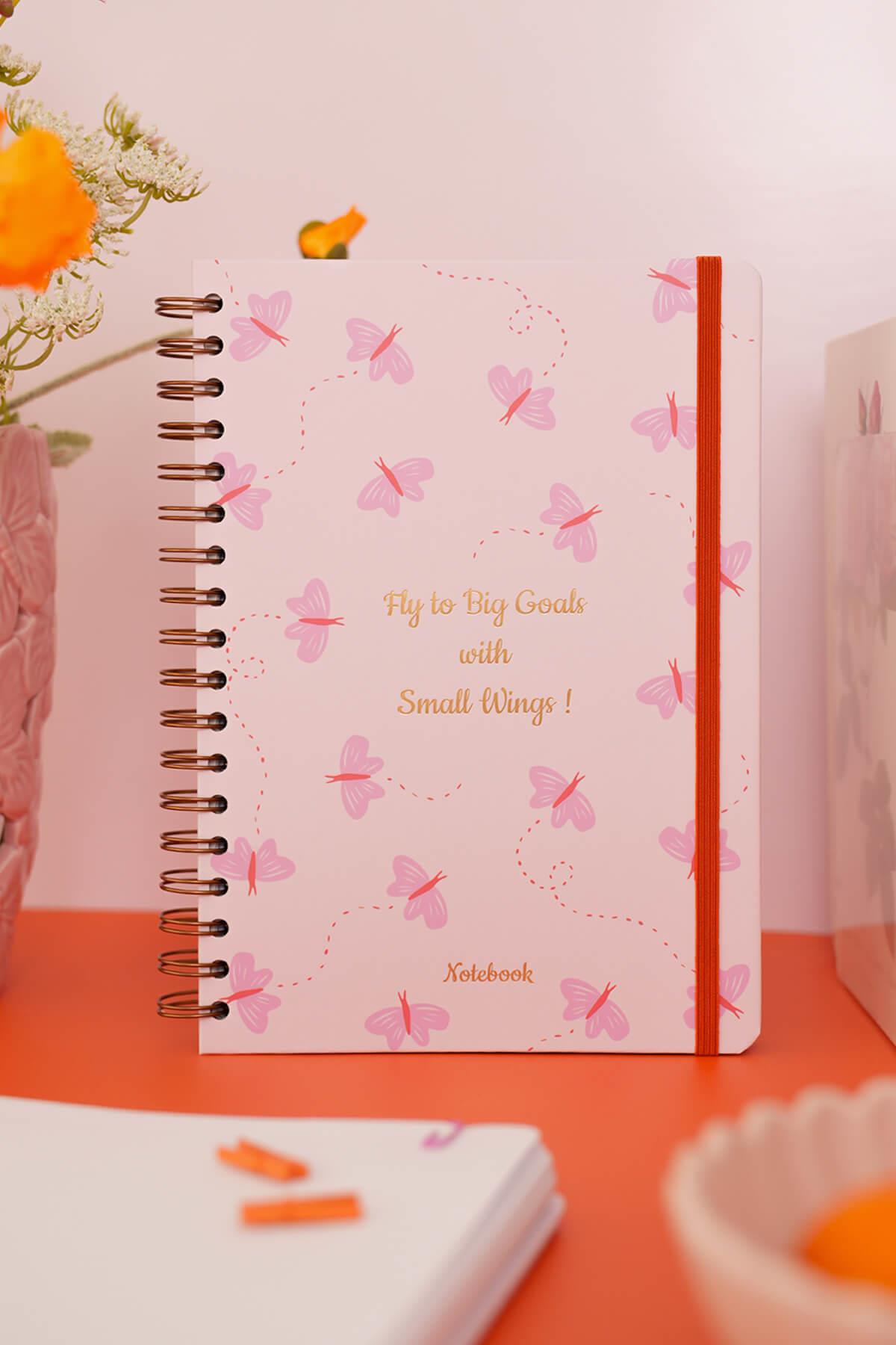 Matt Notebook B5 17x24 cm Spiralli Lastikli Çizgili Tarihsiz Not Defteri Kelebekler
