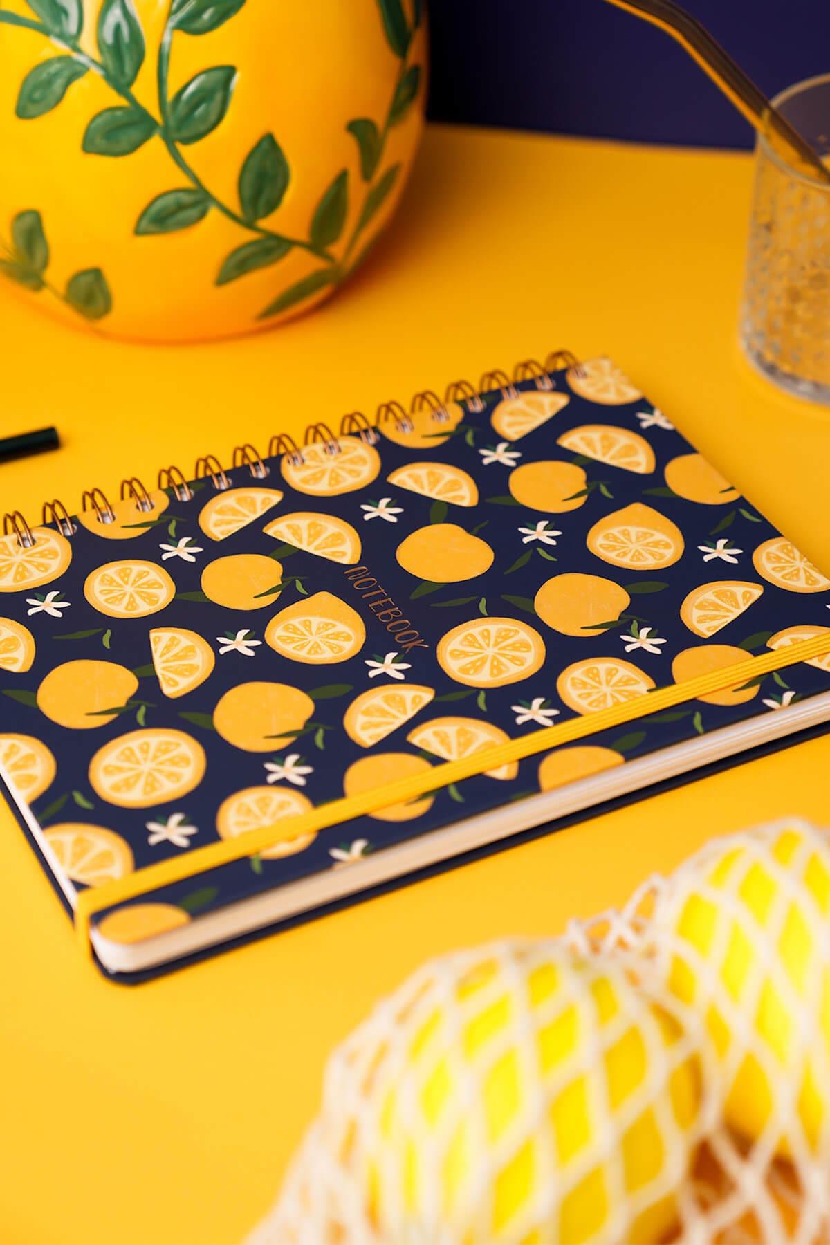 Matt Notebook B5 17x24 cm Spiralli Lastikli Kareli Tarihsiz Not Defteri Limon