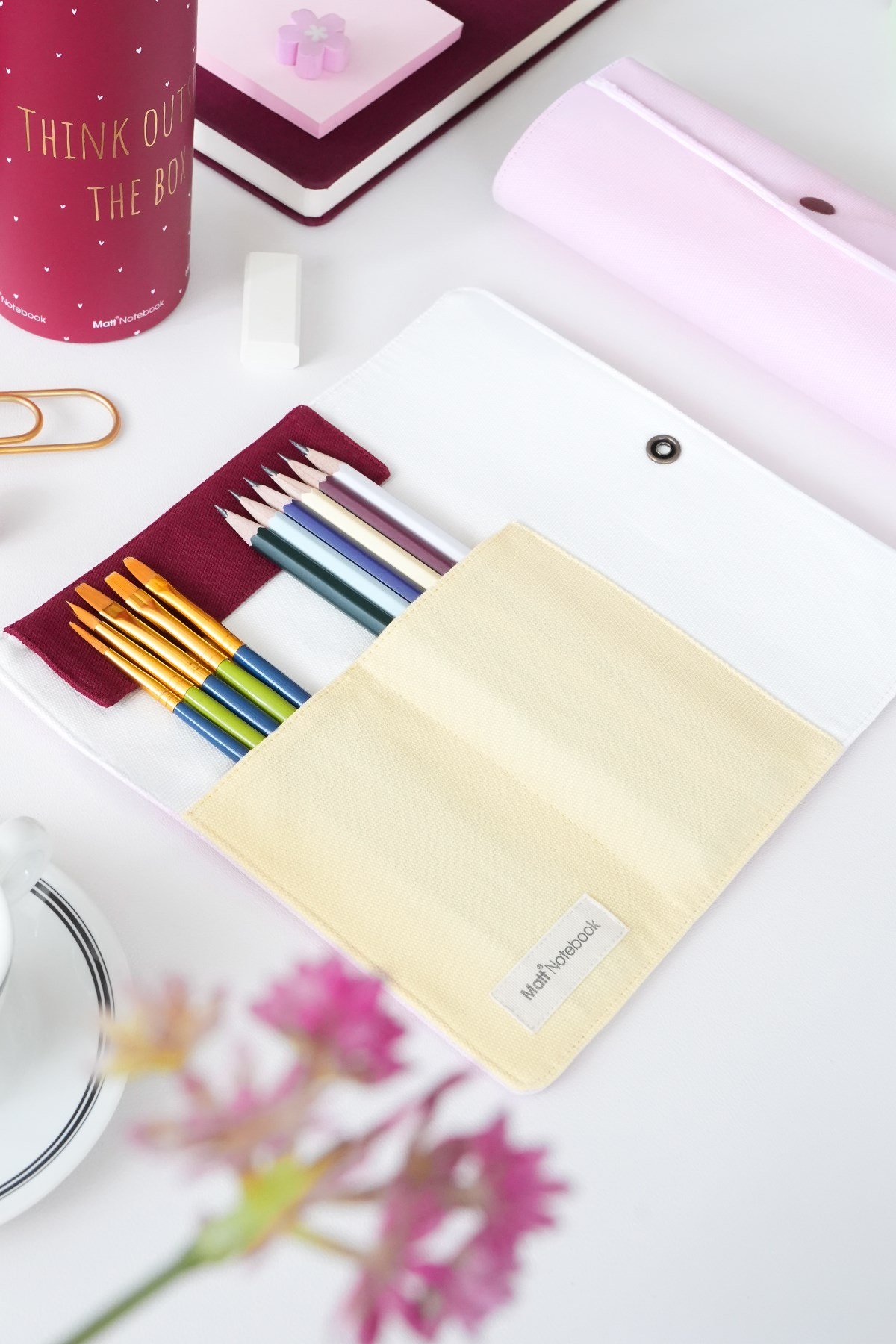 Matt Notebook Kanvas Kalemlik – Makyaj Çantası Organizer ve Düzenleyici Pembe