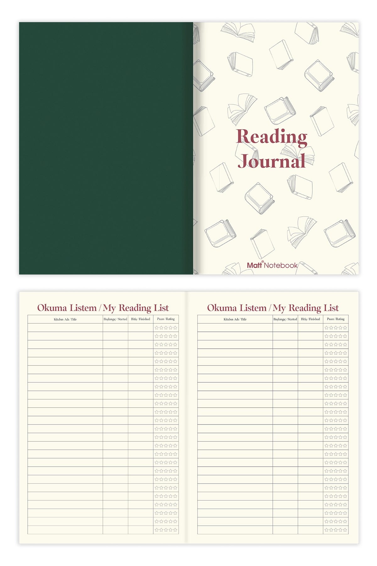 Matt Notebook Kitap Okuma Günlüğü Reading Journal Yeşil
