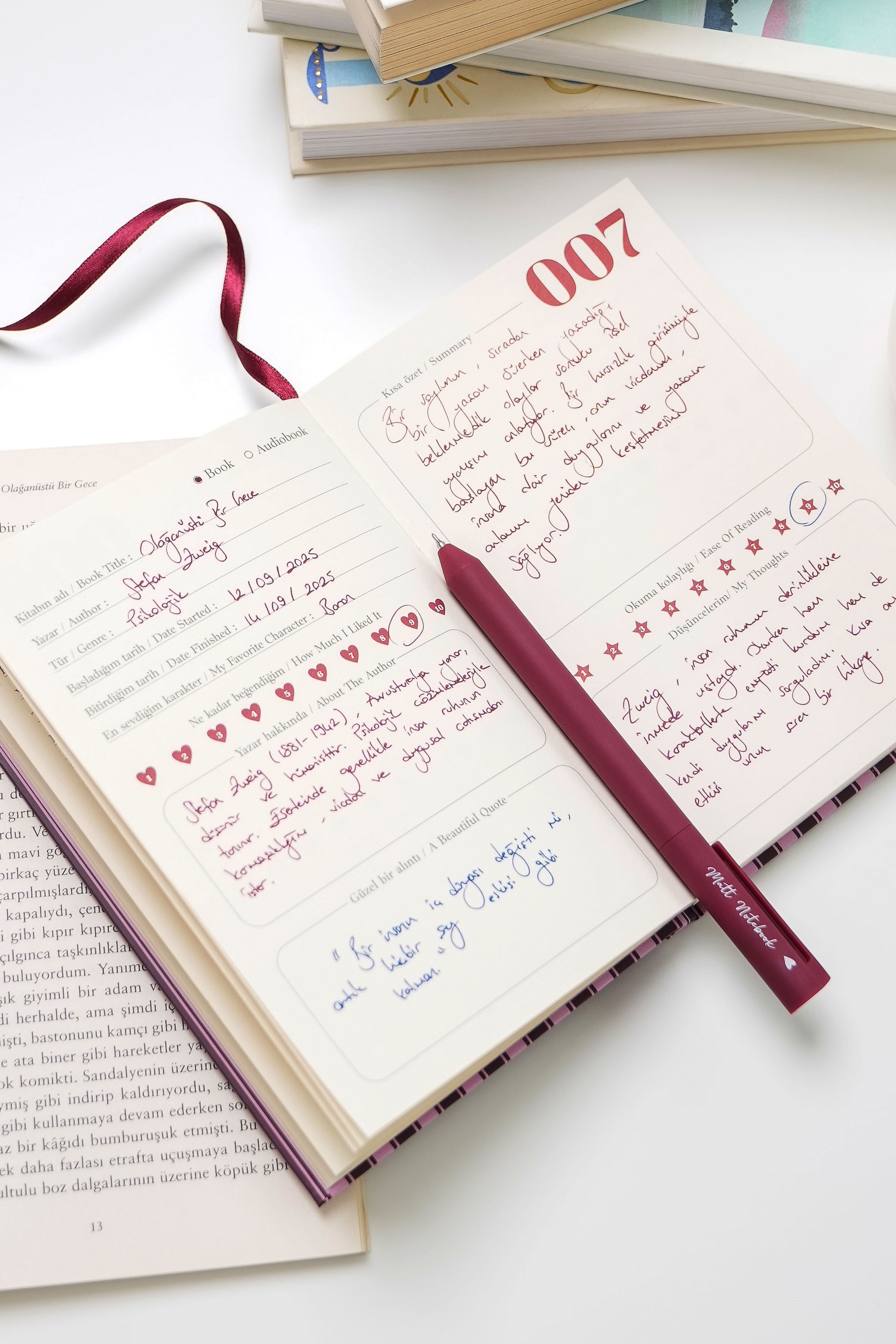Matt Notebook Kitap Okuma Günlüğü Reading Journal Bordo