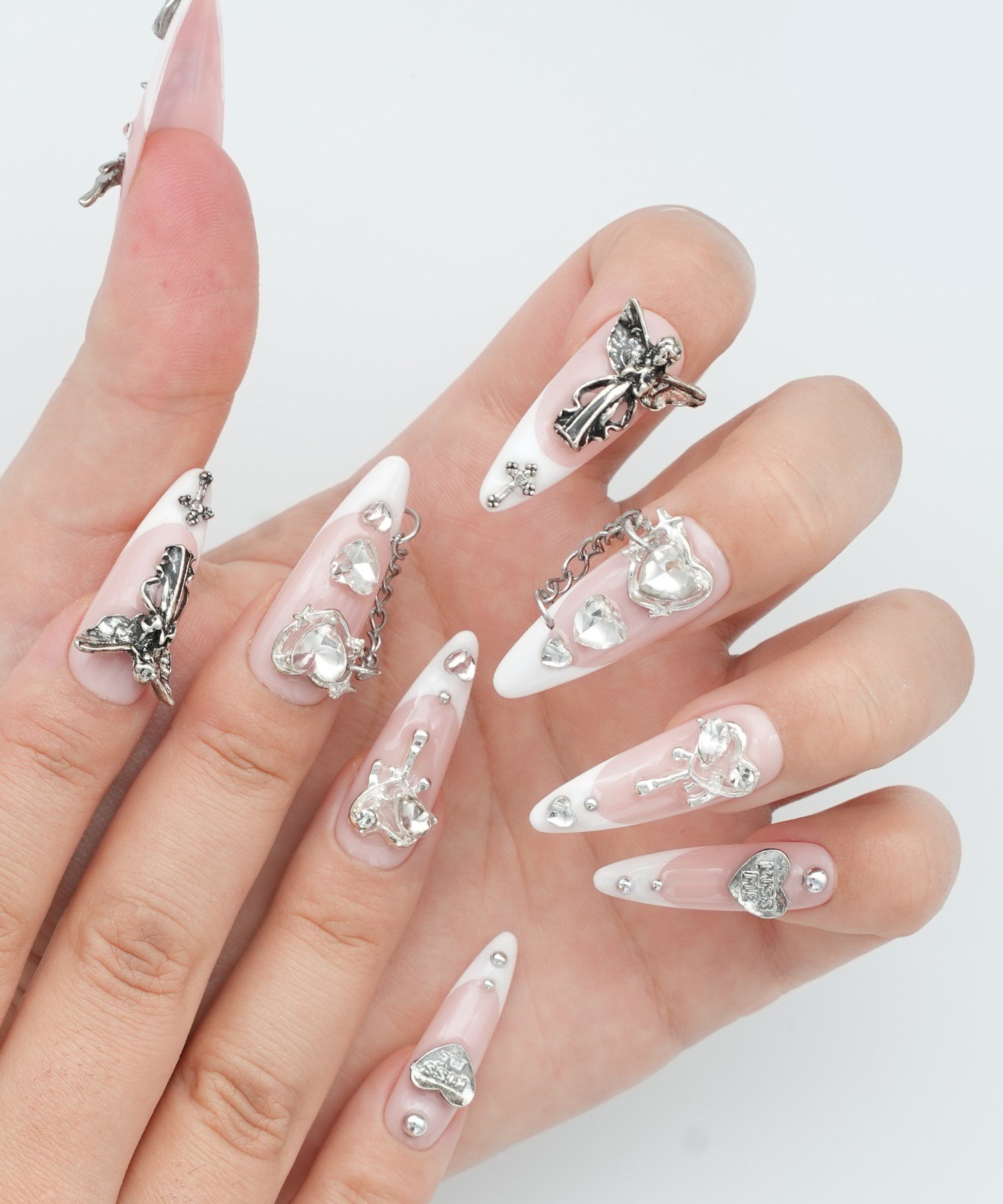 Angelic Charm Protez Jel Takma Tırnak - El Yapımı Kalıcı Oje Nail French Diamond Haç - NC101