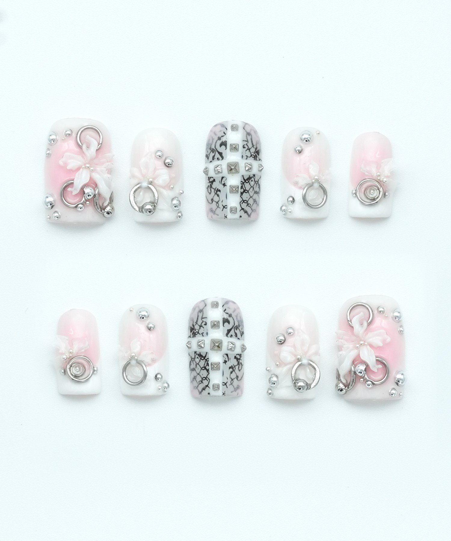 Floral Piercing Protez Jel Takma Tırnak - El Yapımı Kalıcı Oje Nail Art 3D - NC225