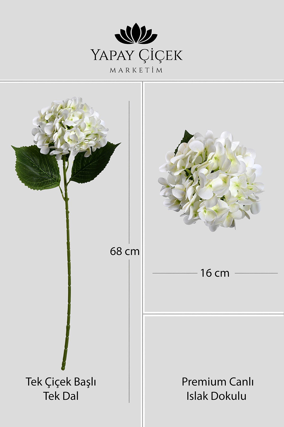  Beyaz Yapay  Ortanca Çiçeği Tek Dal Premium Canlı Islak Dokulu  68 cm