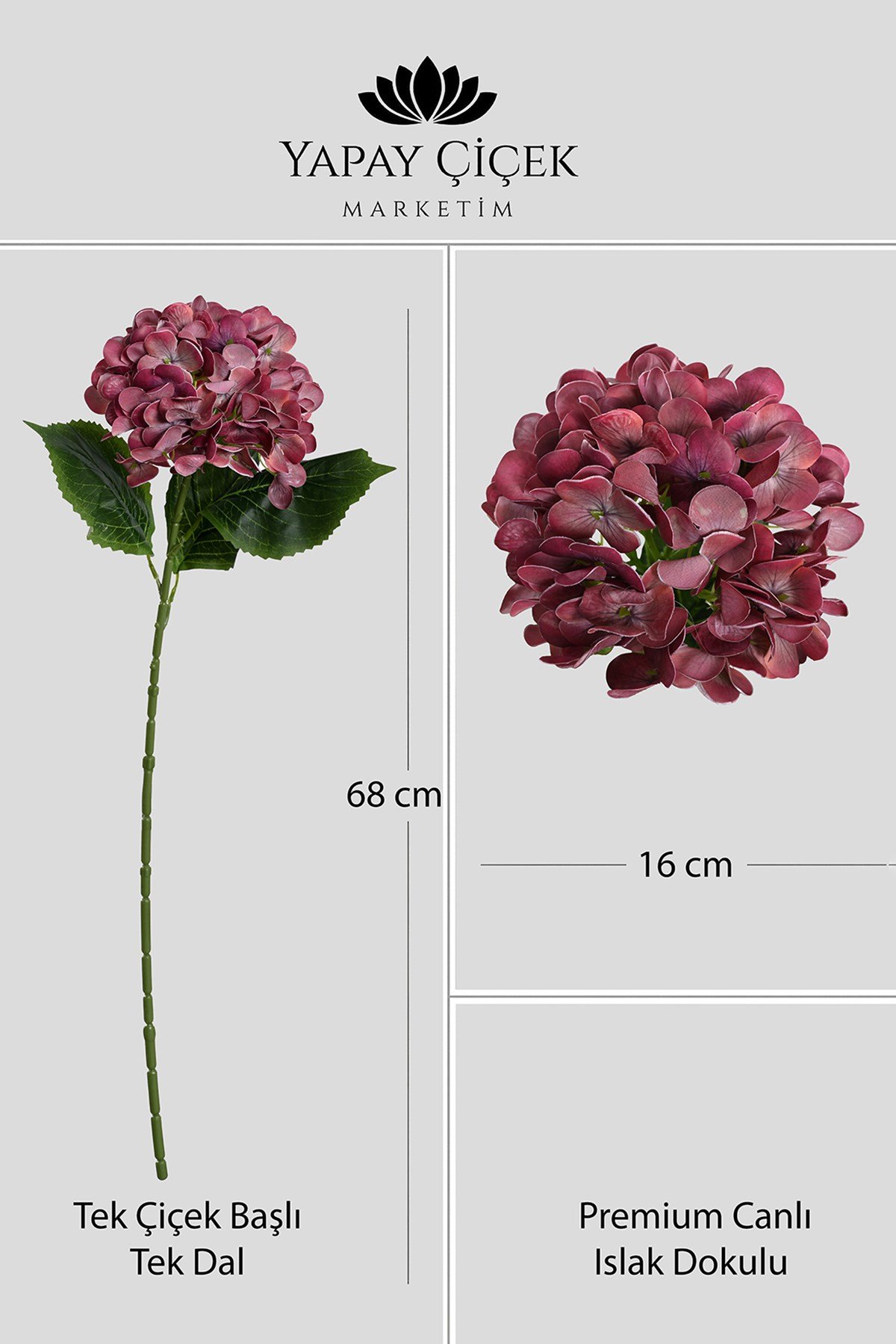  Bordo Yapay  Ortanca Çiçeği Tek Dal Premium Canlı Islak Dokulu 68 cm