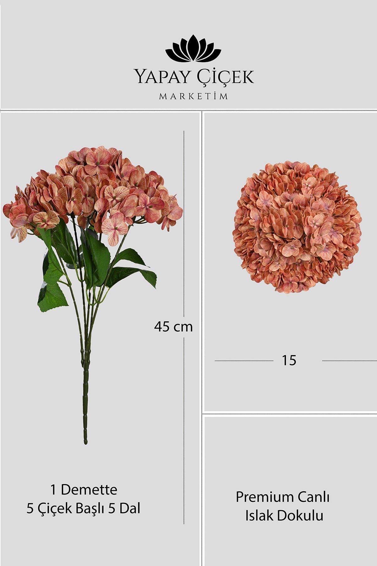  Koyu Turuncu Yapay  Ortanca Çiçeği 5 Dallı Premium Canlı Islak Dokulu 42 cm