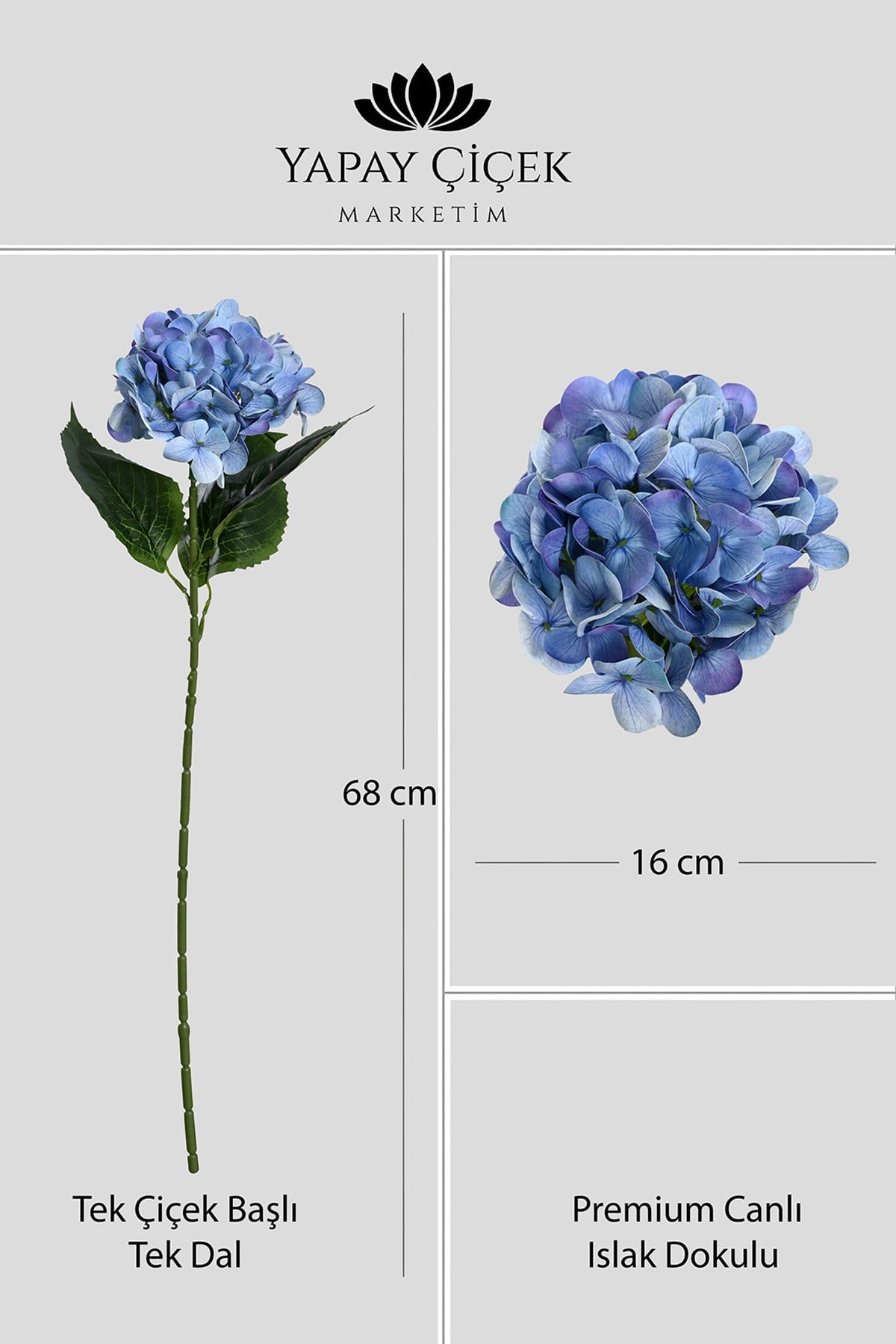  Mavi Yapay  Ortanca Çiçeği Tek Dal Premium Canlı Islak Dokulu  68 cm