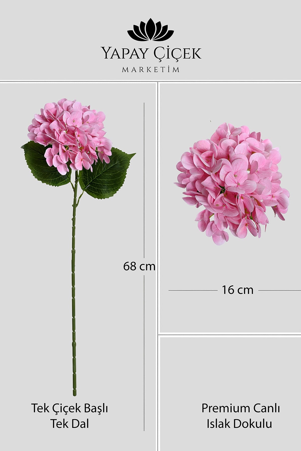  Pembe Yapay  Ortanca Çiçeği Tek Dal Premium Canlı Islak Dokulu 68 cm