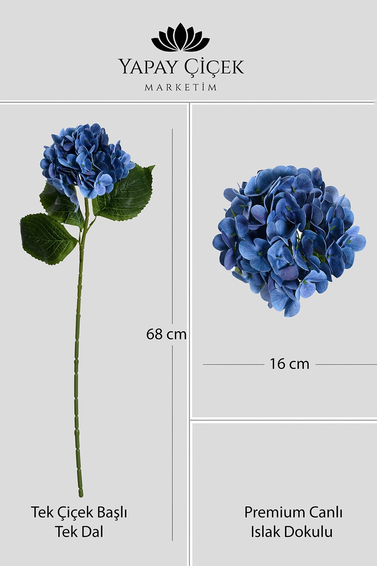  Saks Mavi Yapay  Ortanca Çiçeği Tek Dal Premium Canlı Islak Dokulu 68 cm