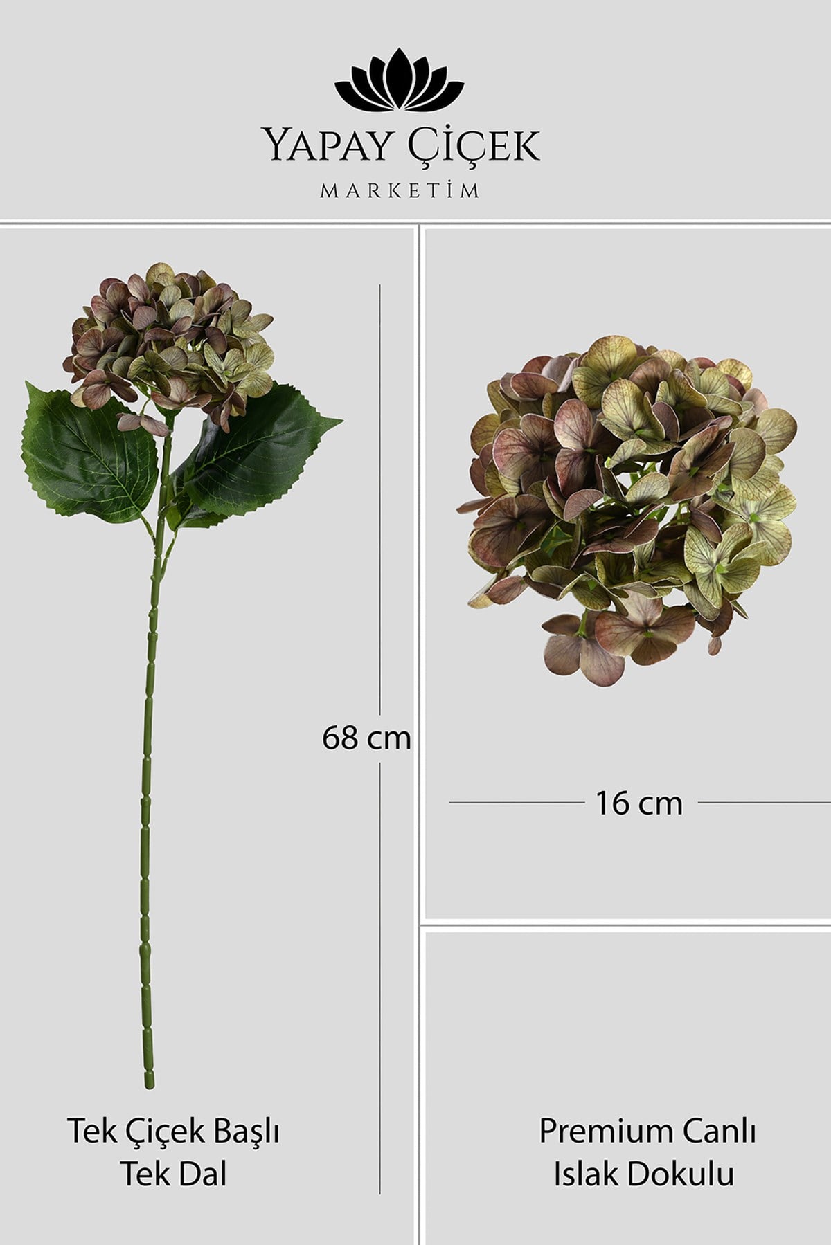  Yeşil Yapay  Ortanca Çiçeği Tek Dal Premium Canlı Islak Dokulu  68 cm
