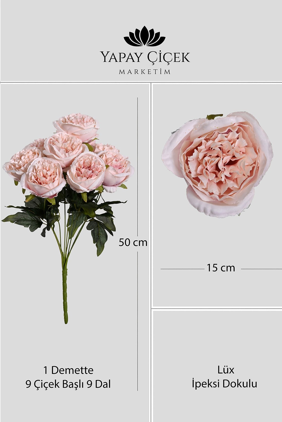 Açık Pembe Yapay Şakayık Demeti 9 Dallı  Lüx İpeksi Dokulu  45 cm