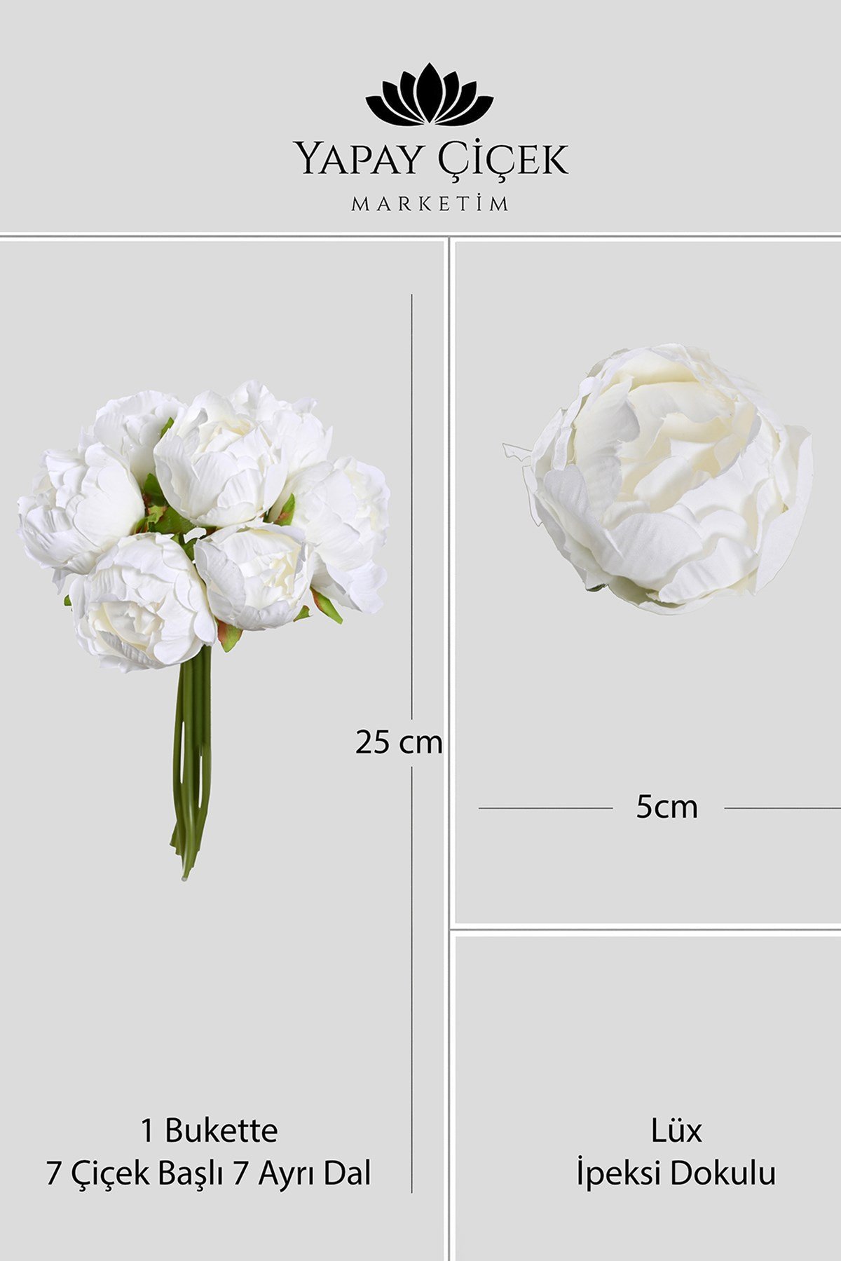 Beyaz  Premium Yapay Peony Şakayık Çiçeği  Buketi 7 Dallı Lüx İpeksi Dokulu 25 cm