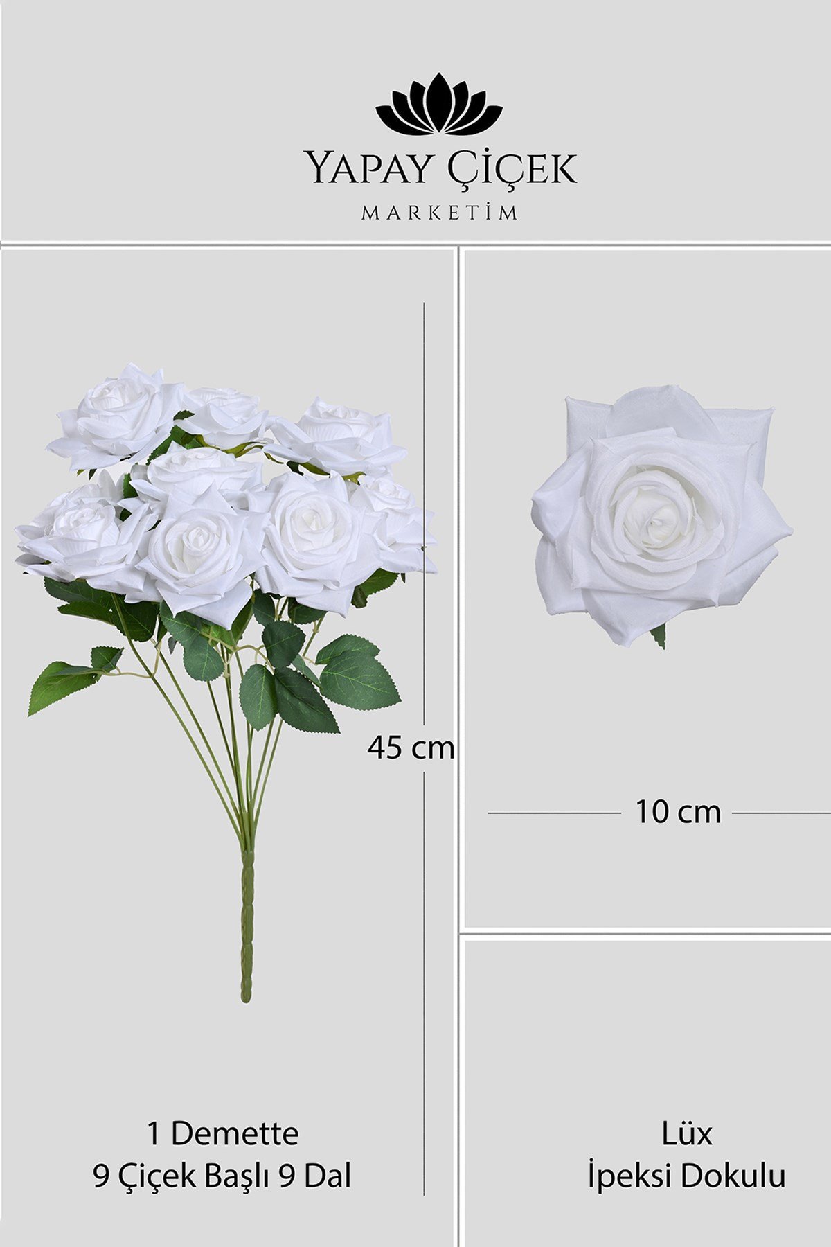 Beyaz Yapay Açmış Gül Demeti 9 Dallı  Lüx İpeksi Dokulu 45 cm