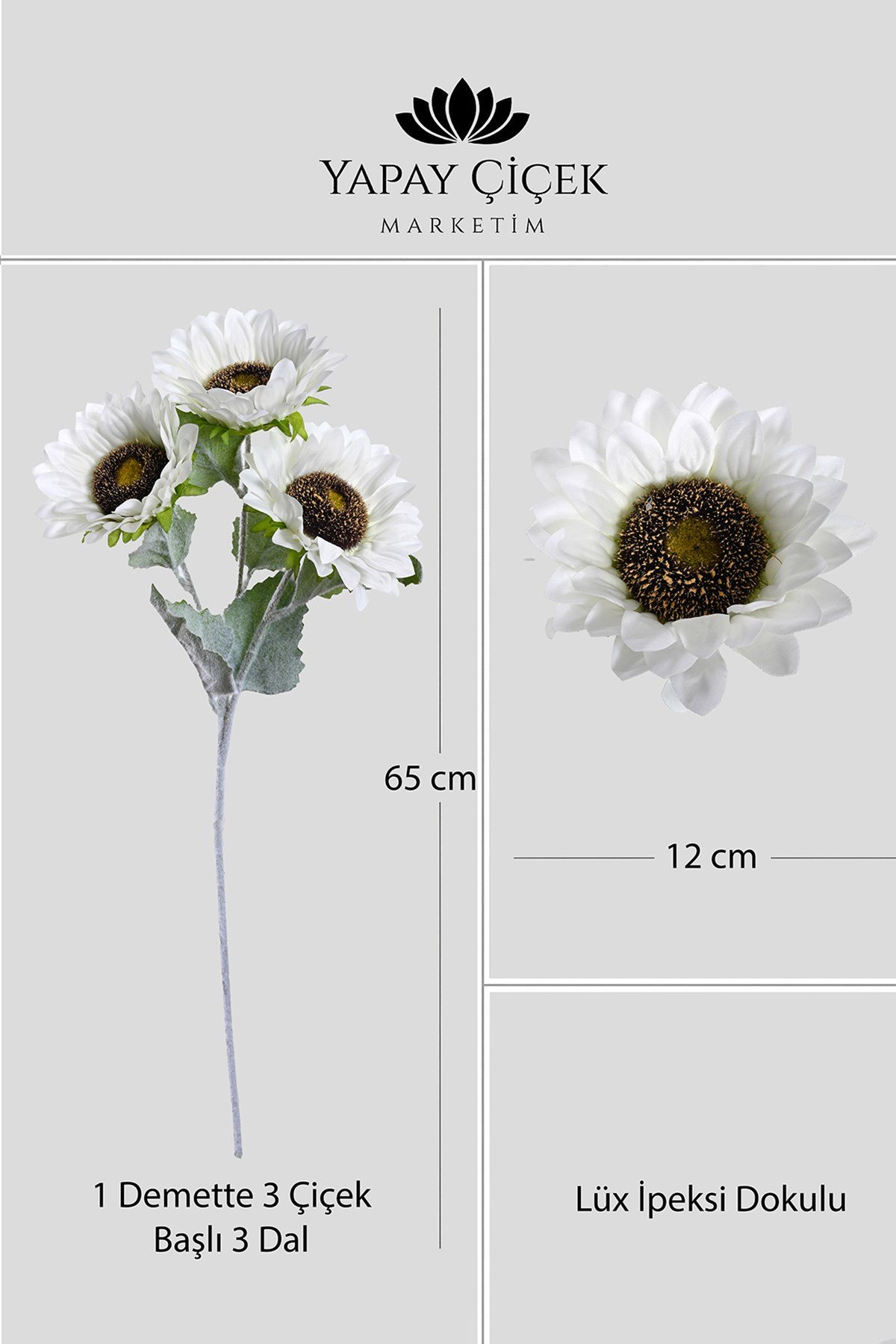 Beyaz Yapay Ay Çiçeği 3 Dallı Lüx İpeksi Dokulu 65 cm